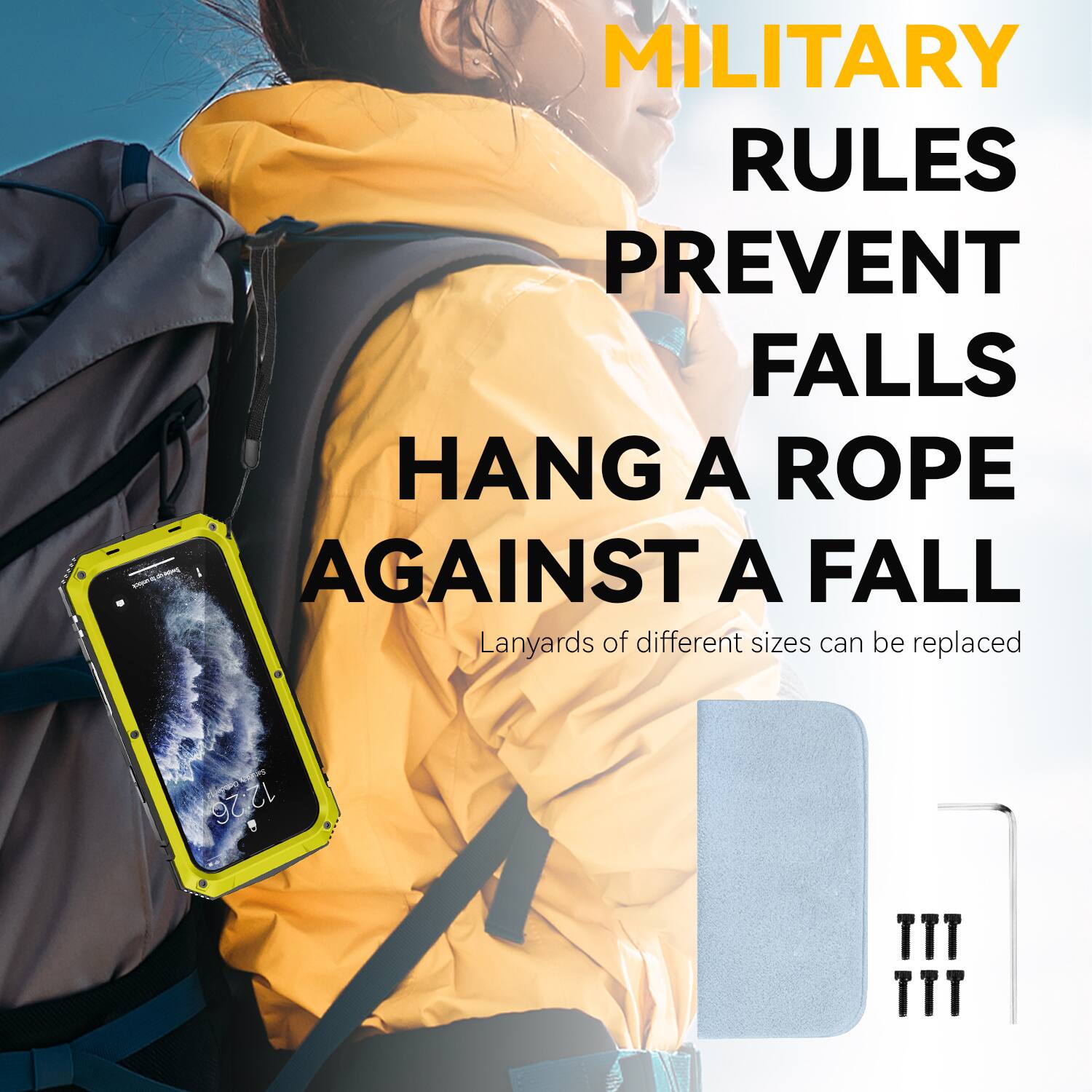 MILITARY RULES PREVENT FALLS HANG A ROPE AGAINST A FALL  
Lanyards of different sizes can be replaced  
12.26 TTT TTT