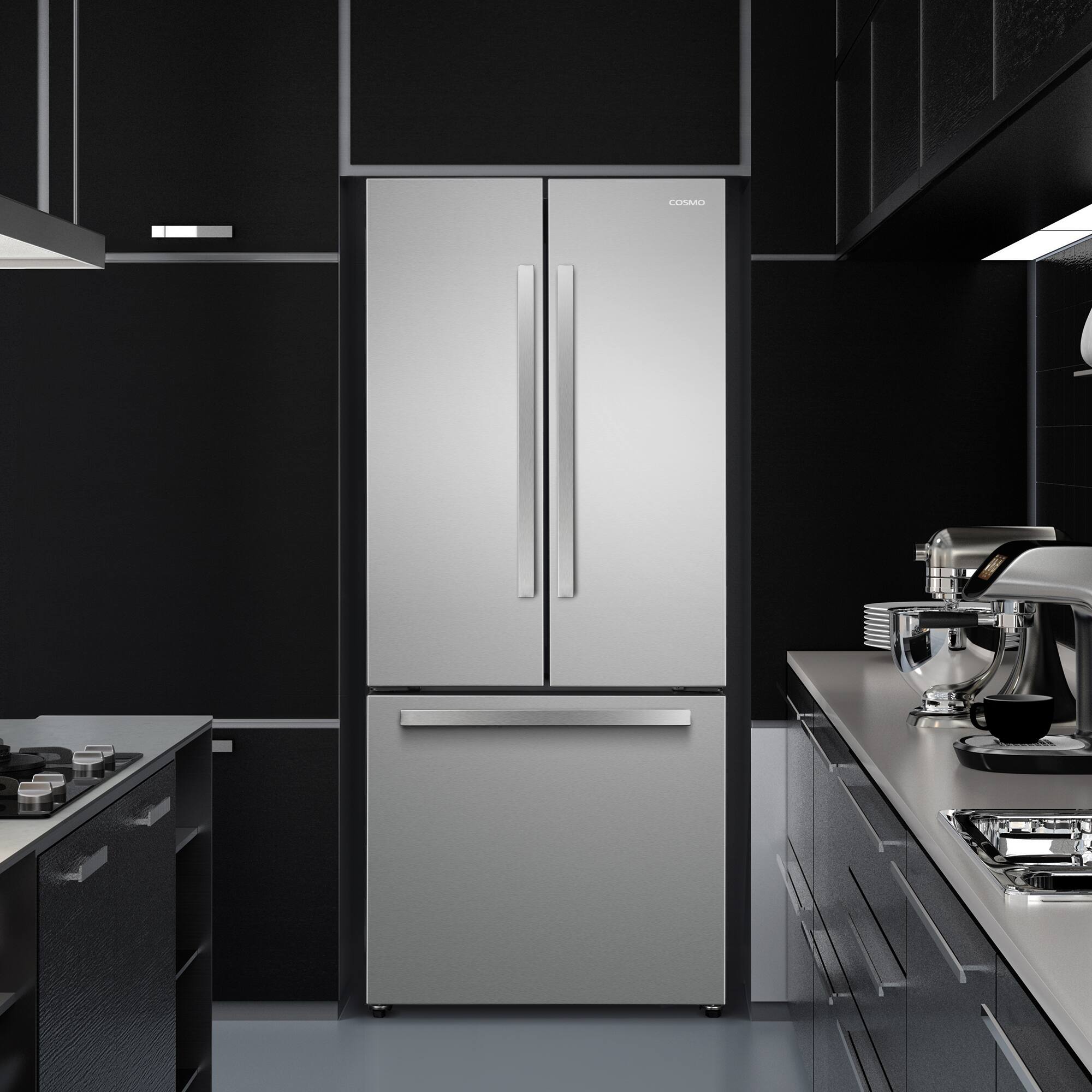 Angle. COSMO - COS-RFFV183GHS 30 in. 17.5 cu. ft. Counter Depth 3-Door French Door Refrigerator with Freezer Drawer - Stainless Steel.