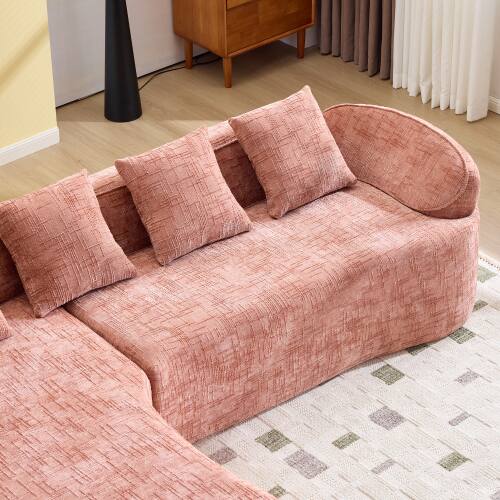 Alt View 4. Anysun - Chenille L-Shape Compressed Sofa - High-Elastic Sponge, Curved Armrests & 4 Throw Pillows for Living Room - Pink.