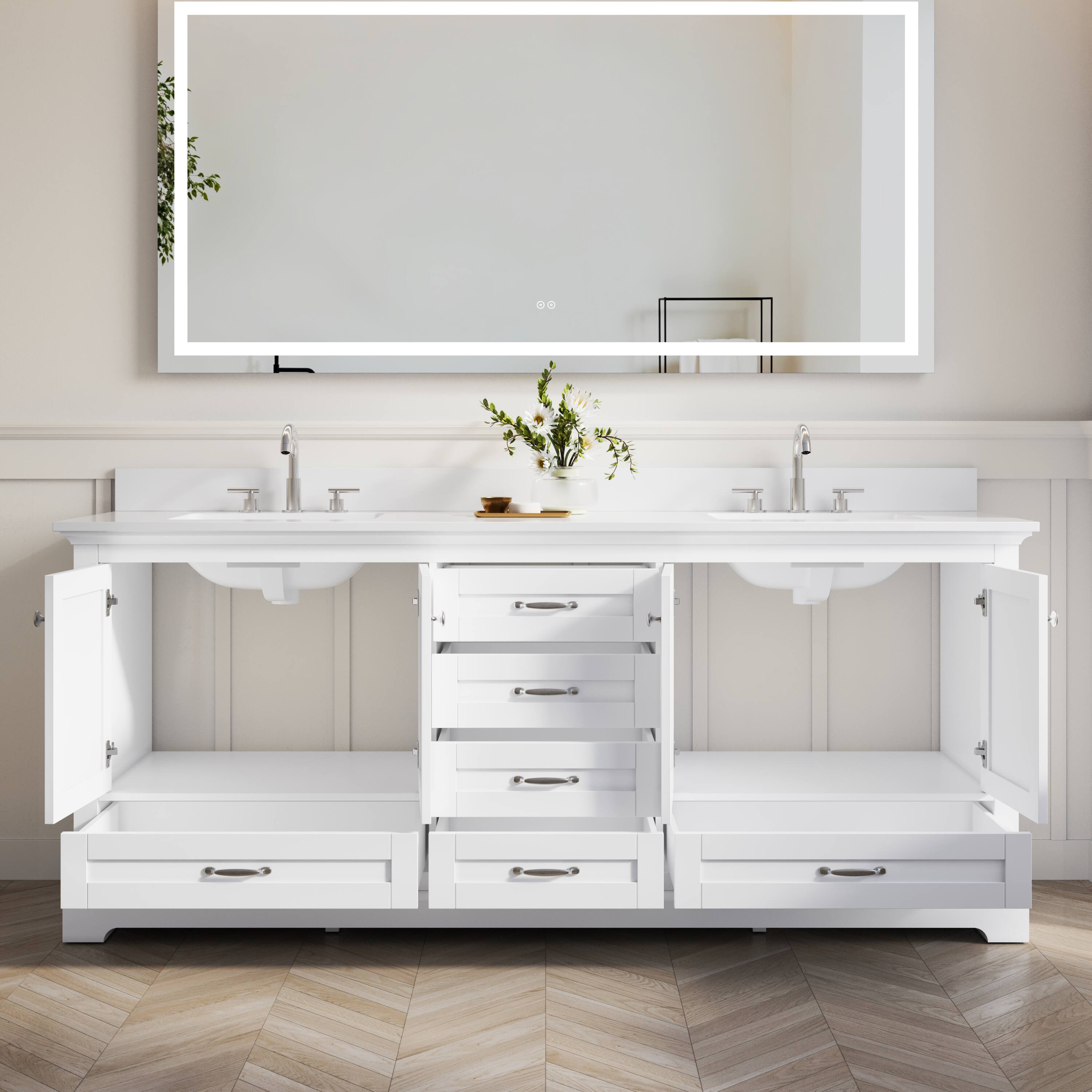 Left. WELLFOR - LVD 80 in. Solid Wood Double Sink Freestanding Bath Vanity with Culutered Marble Top, Assembled - White.