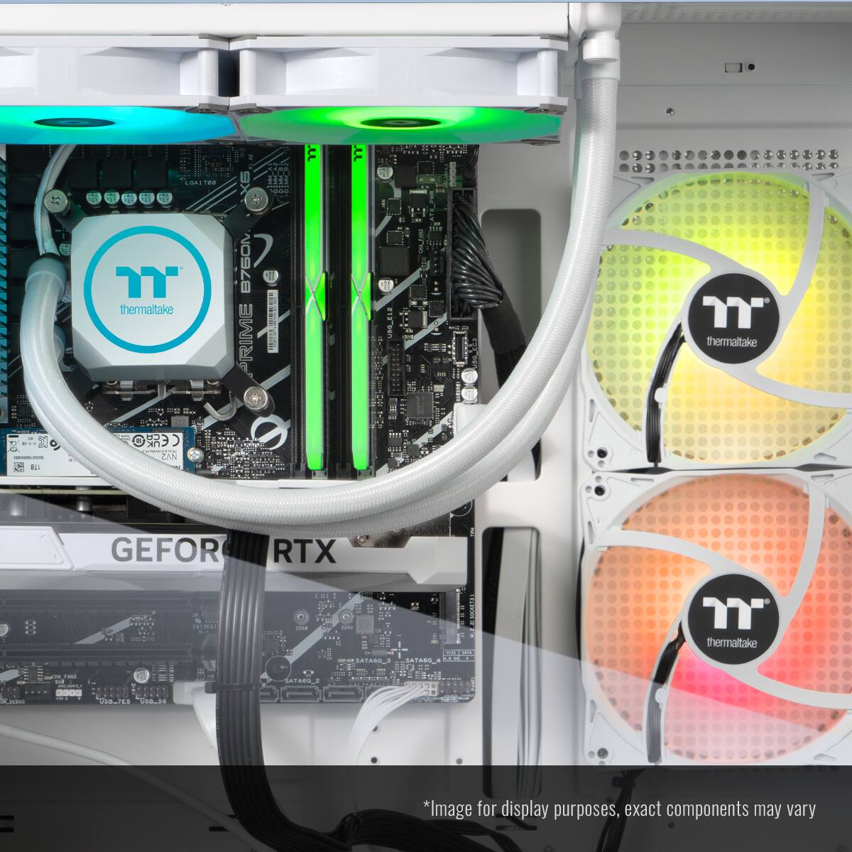 The text on the image reads: "thermaltake I E - AE 30 I | CAN - GEFOR RTX nd i SA. ALTA ... - SATABO thermaltake SATARO Kaa addas 038.7ES 038..34 Image for display purposes, exact components may vary."