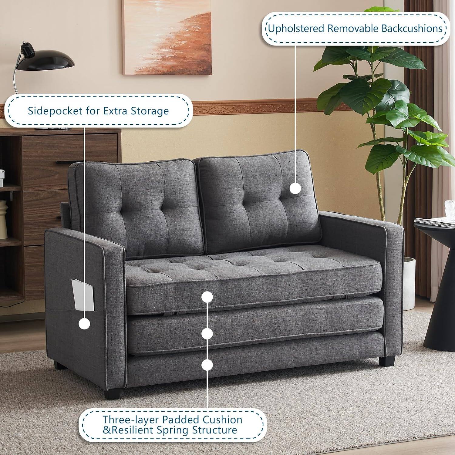 Upholstered Removable Backcushions  
Sidepocket for Extra Storage  
Three-layer Padded Cushion & Resilient Spring Structure