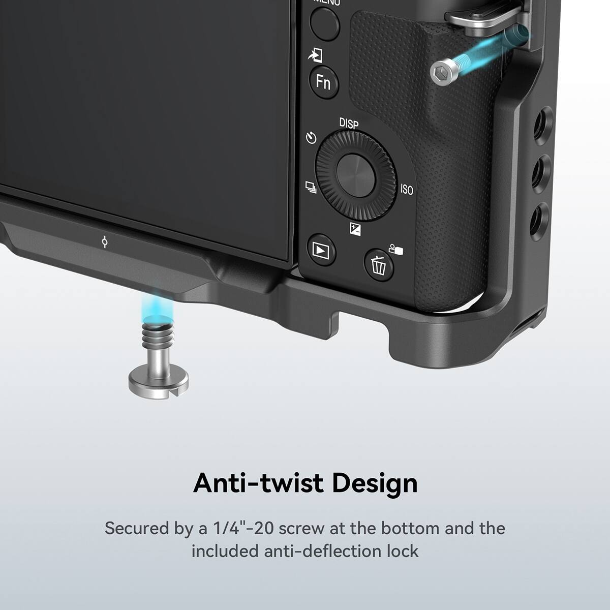 Anti-twist Design  
Secured by a 1/4"-20 screw at the bottom and the included anti-deflection lock