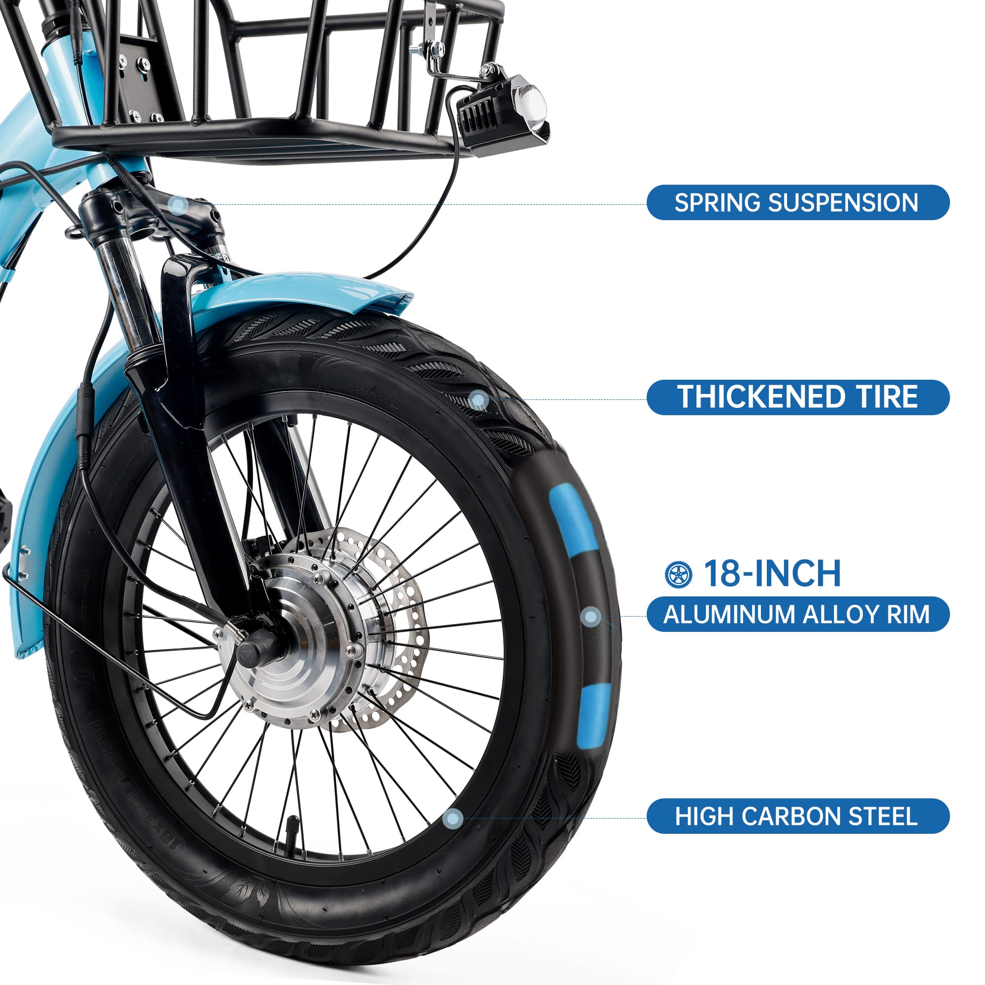 - Spring Suspension
- Thickened Tire
- 18-Inch Aluminum Alloy Rim
- High Carbon Steel