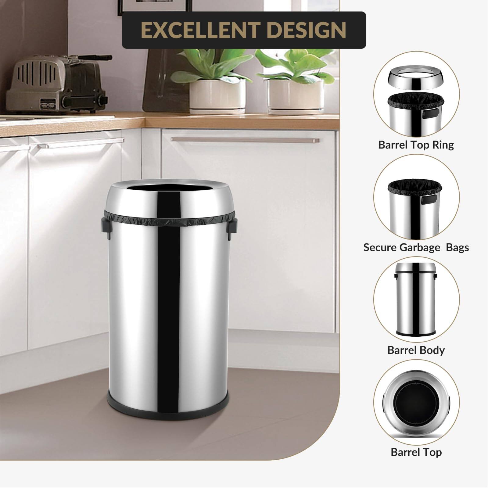 Babevy 65L/17 Gallon Round Commercial Trash Can,Heavy Duty Stainless ...