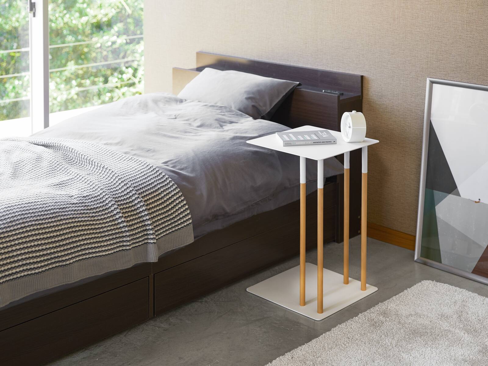 Left. Yamazaki Home - C Side Table (22" H)  - Steel + Wood - White.