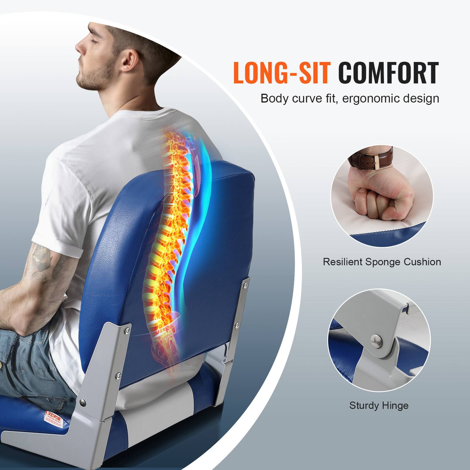 LONG-SIT COMFORT Body curve fit, ergonomic design
Resilient Sponge Cushion
Sturdy Hinge