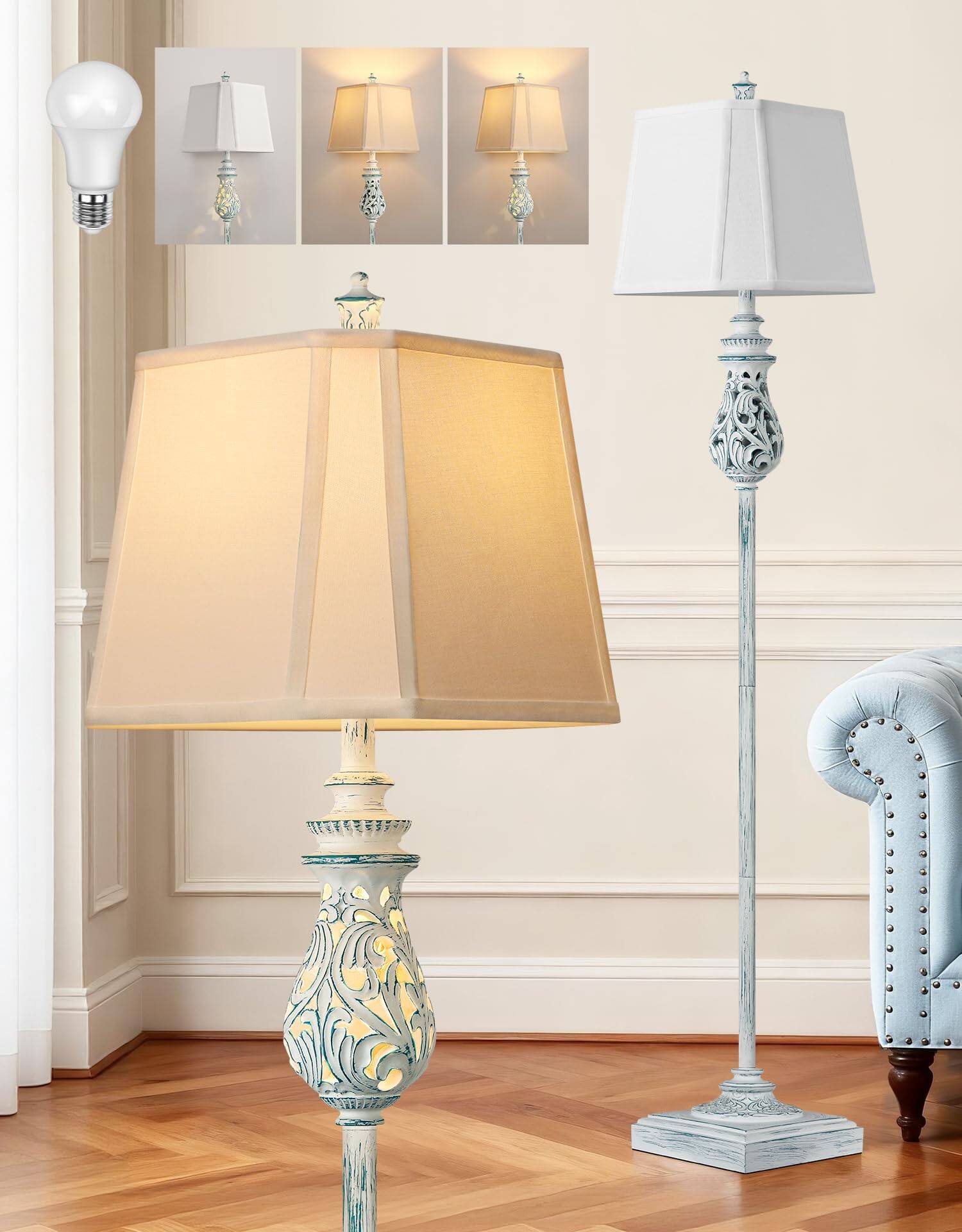 Front. Pawtners - 64'' Vintage Floor Lamp with Nightlight, Standing Lamp with Rotary Switch and Beige Linen Shade, Blue (Bulb Included).