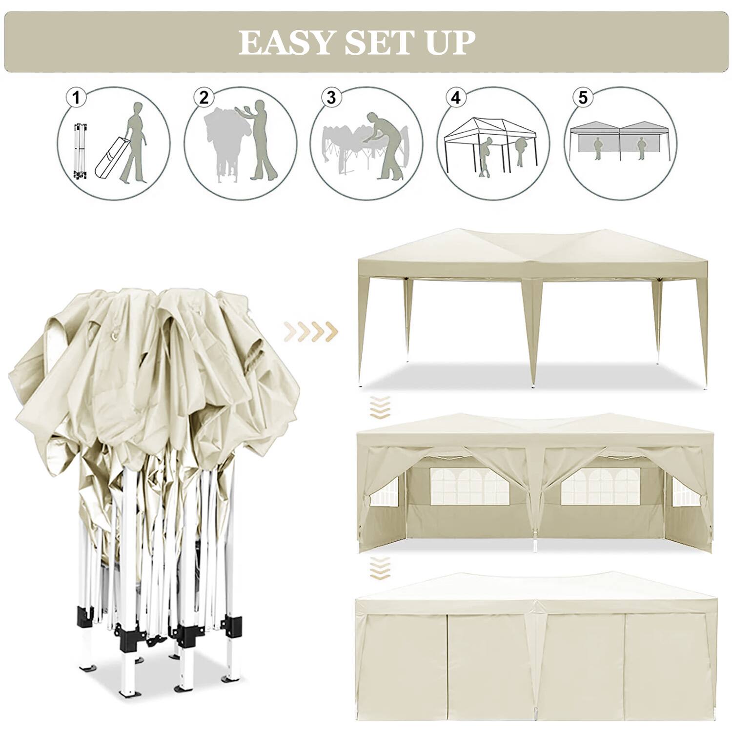 EASY SET UP

1. Unpack the tent.
2. Assemble the frame.
3. Attach the legs.
4. Stretch the canopy.
5. Secure the tent.