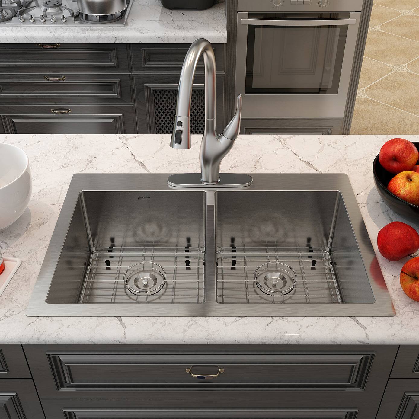 Alt View 2. Boyel Living - 33 in. Drop-In Double Bowl 18-Gauge Stainless Steel Kitchen Sink with Bottom Grids and Strainer Basket and Drain Cap - Silver.