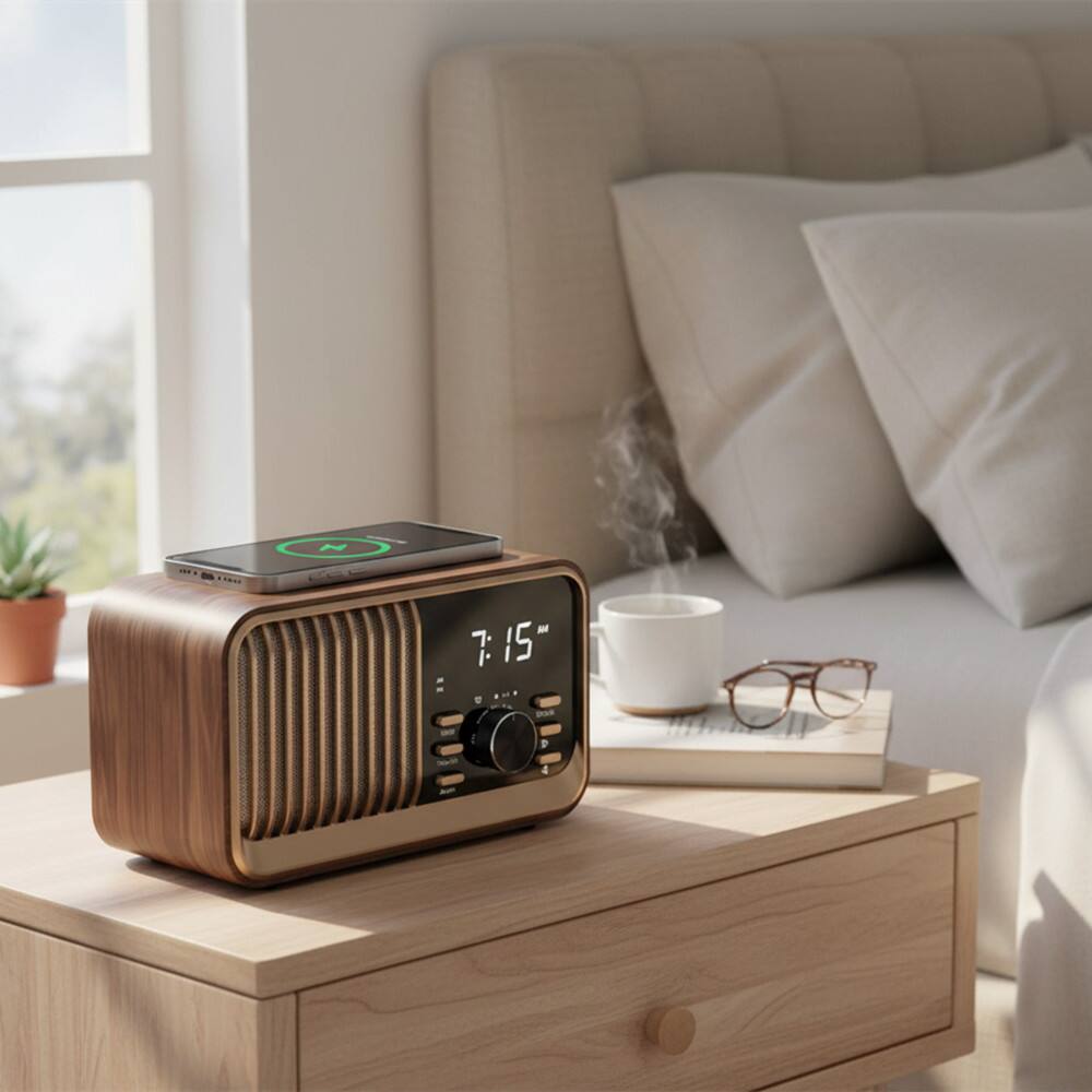 Alt View 2. Dazzed Corner - Alarm Clock Radio with Wireless Charging, Bluetooth Radio - Brown.