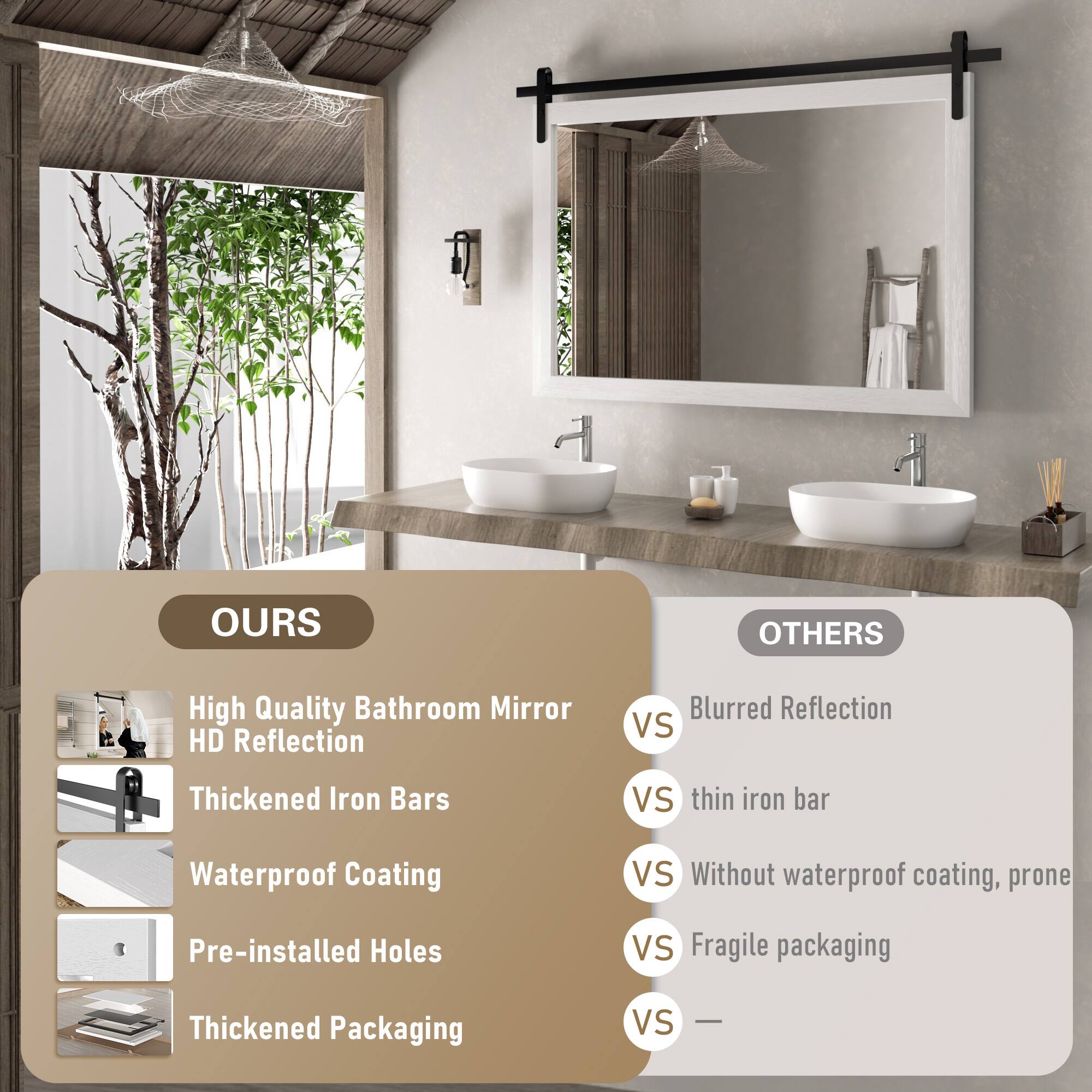 **OURS**

- High Quality Bathroom Mirror
- HD Reflection
- Thickened Iron Bars
- Waterproof Coating
- Pre-installed Holes
- Thickened Packaging

**OTHERS**

- Blurred Reflection
- thin iron bar
- Without waterproof coating, prone
- Fragile packaging