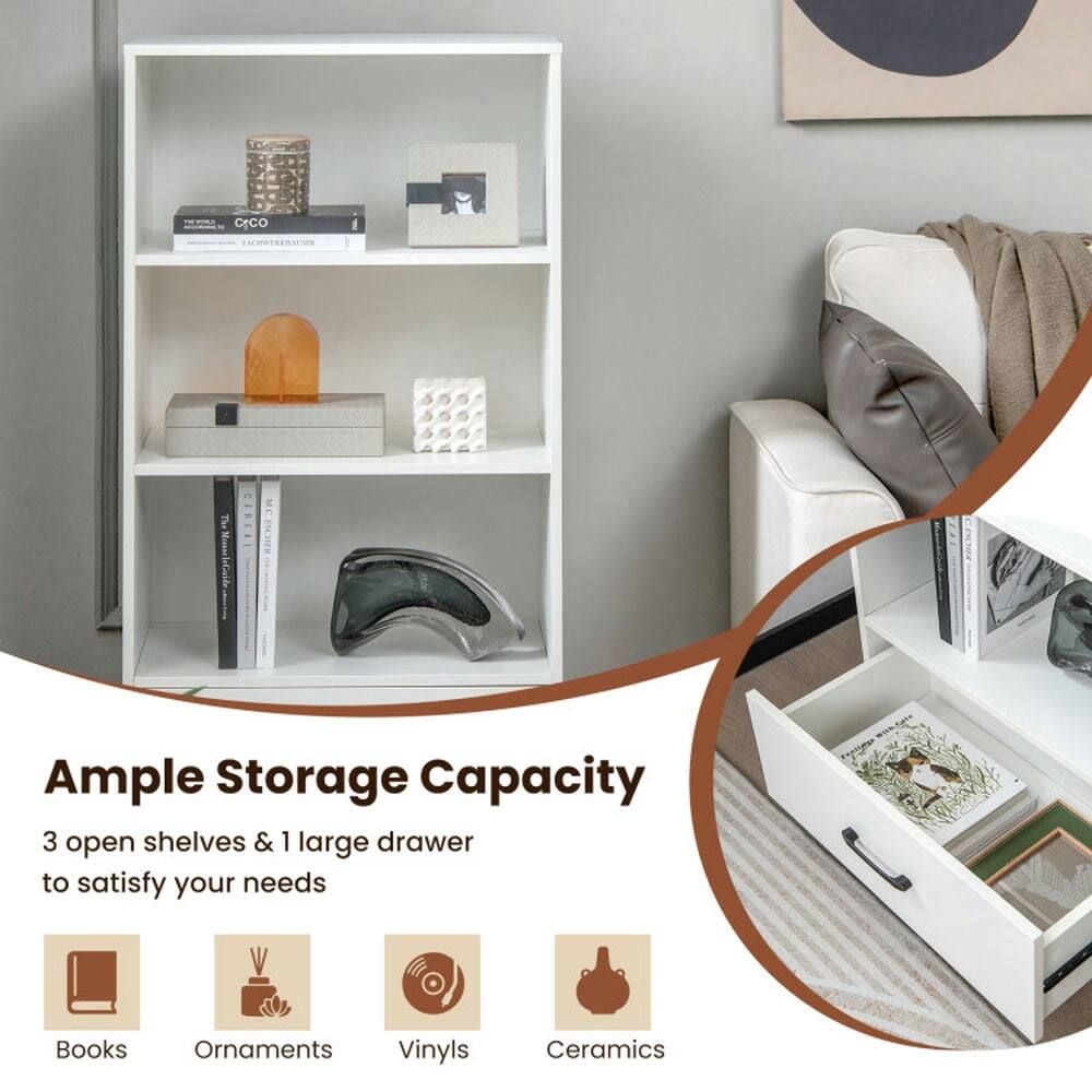 Ample Storage Capacity  
3 open shelves & 1 large drawer to satisfy your needs  
Books  
Ornaments  
Vinyls  
Ceramics