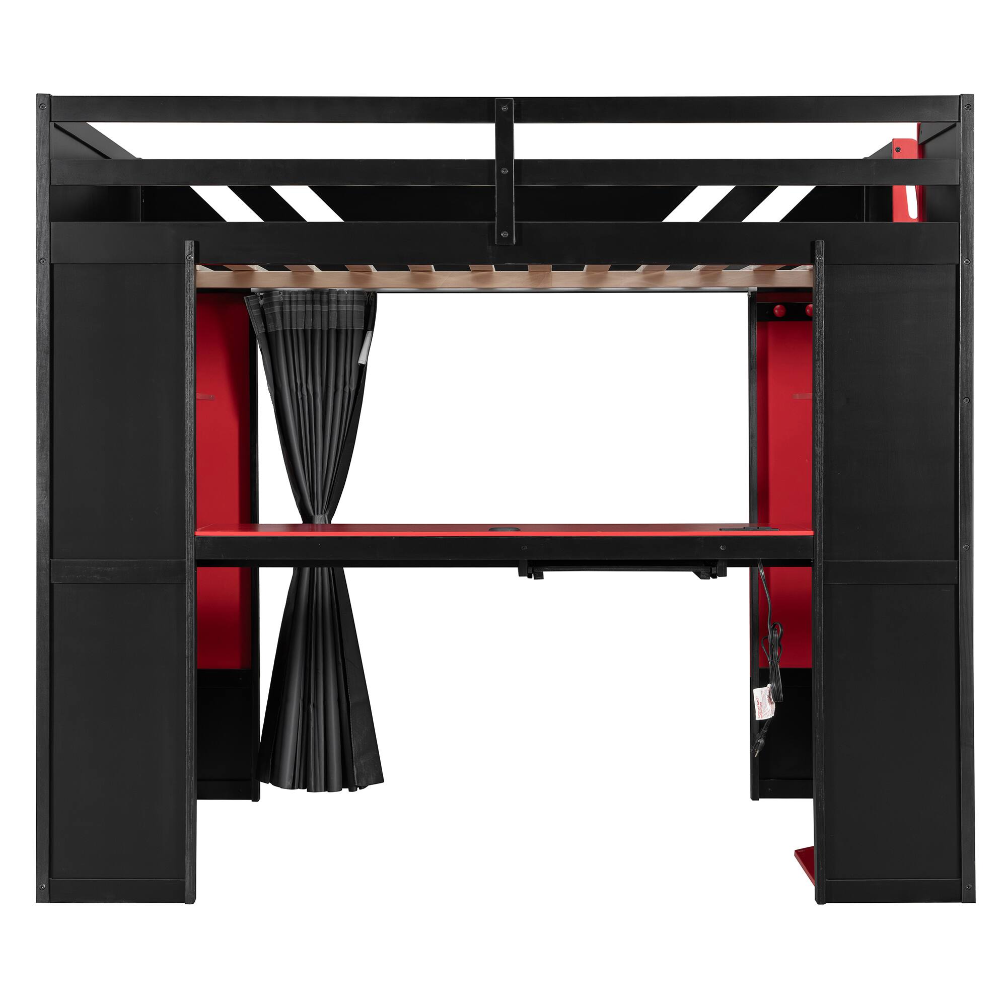 Alt View 2. Anysun - Full Size Wood Loft Bed with,Shelves,Blackout Curtains,and RGB Lights - Red.