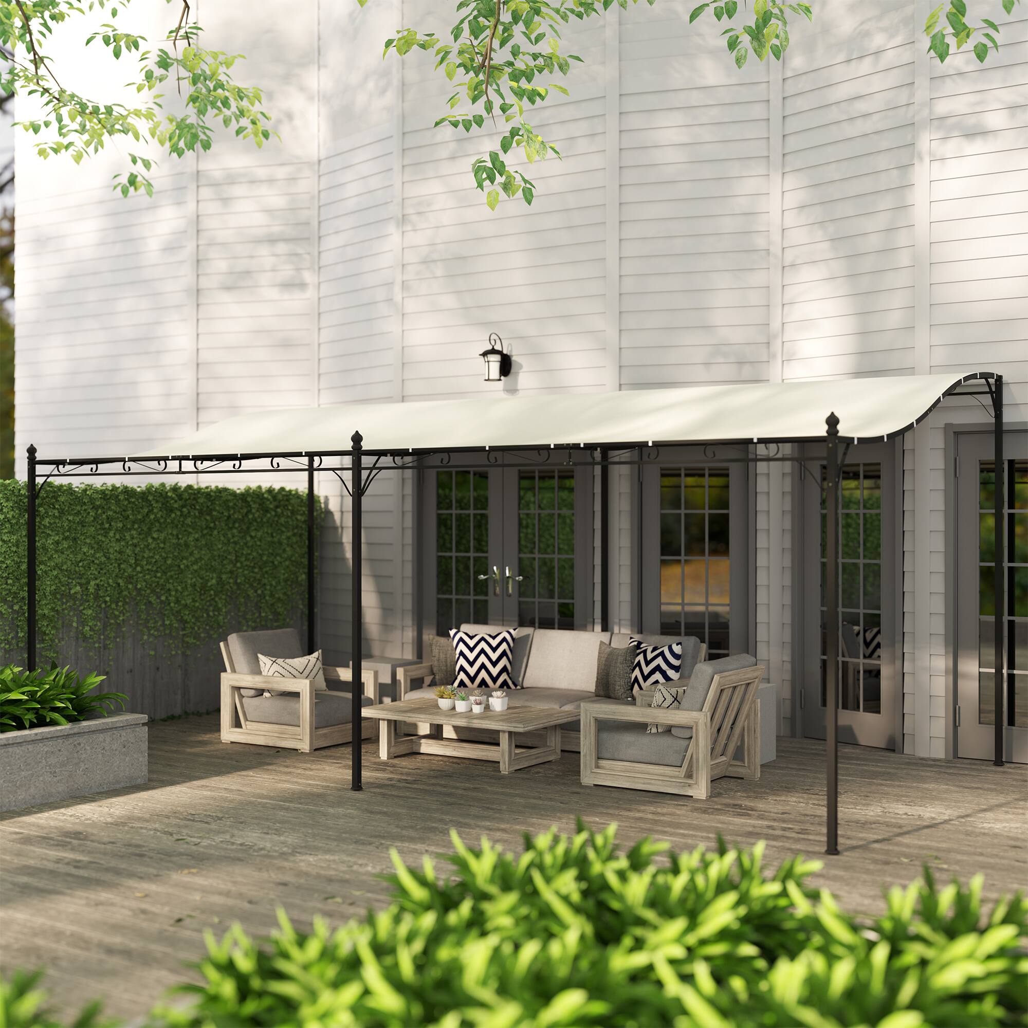 Alt View 5. Outsunny - 10' x 19' Outdoor Pergola Canopy, Wall-Mounted Metal Patio Canopy with Weather-Resistant Fabric - Cream White.