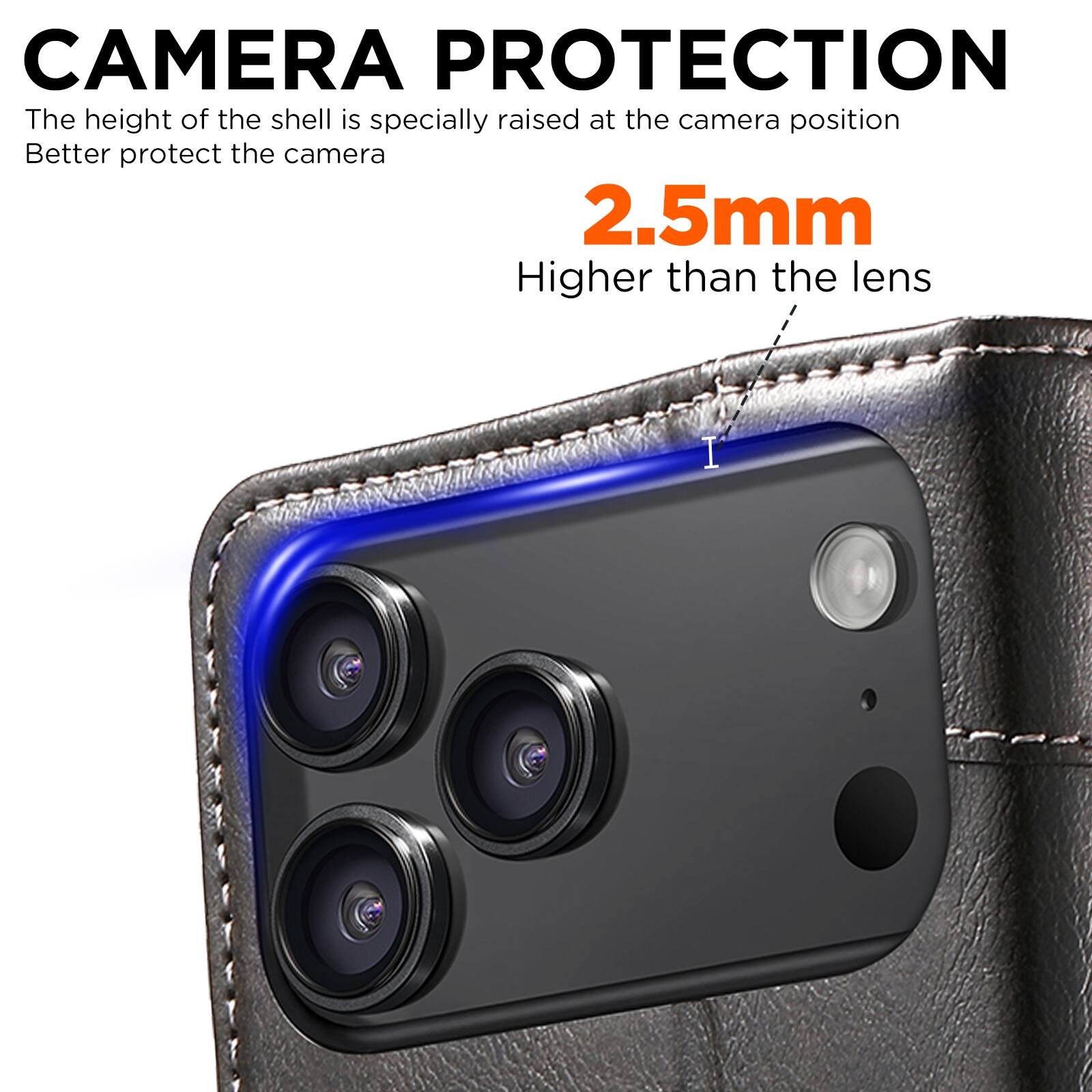 CAMERA PROTECTION  
The height of the shell is specially raised at the camera position  
Better protect the camera  

2.5mm  
Higher than the lens
