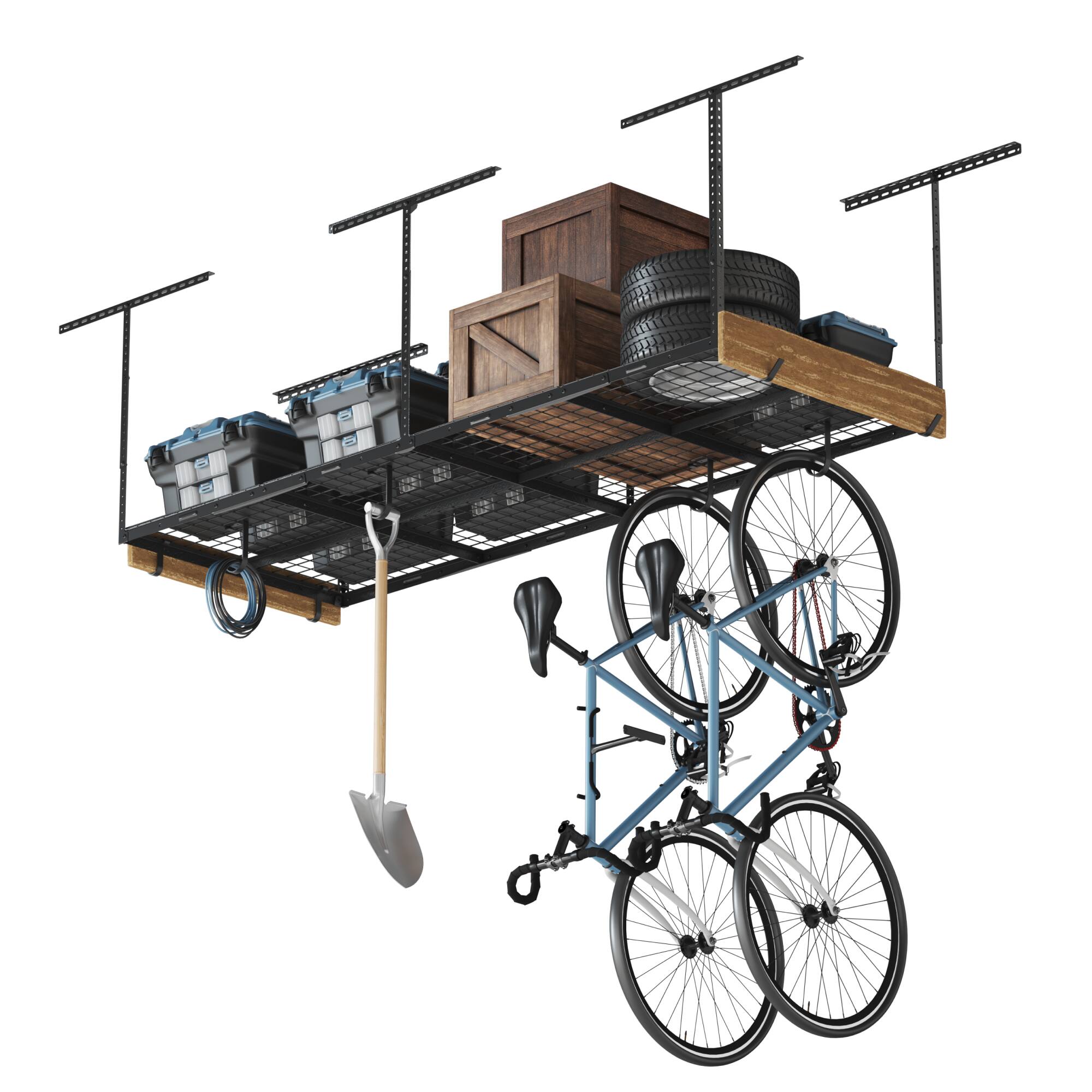 Angle. Fleximounts - OHK Series 36 in. W x 96 in. D x 22-40 in. H Black Ceiling Mounted Overhead Garage Storage Rack with Accessory Hooks - Black.