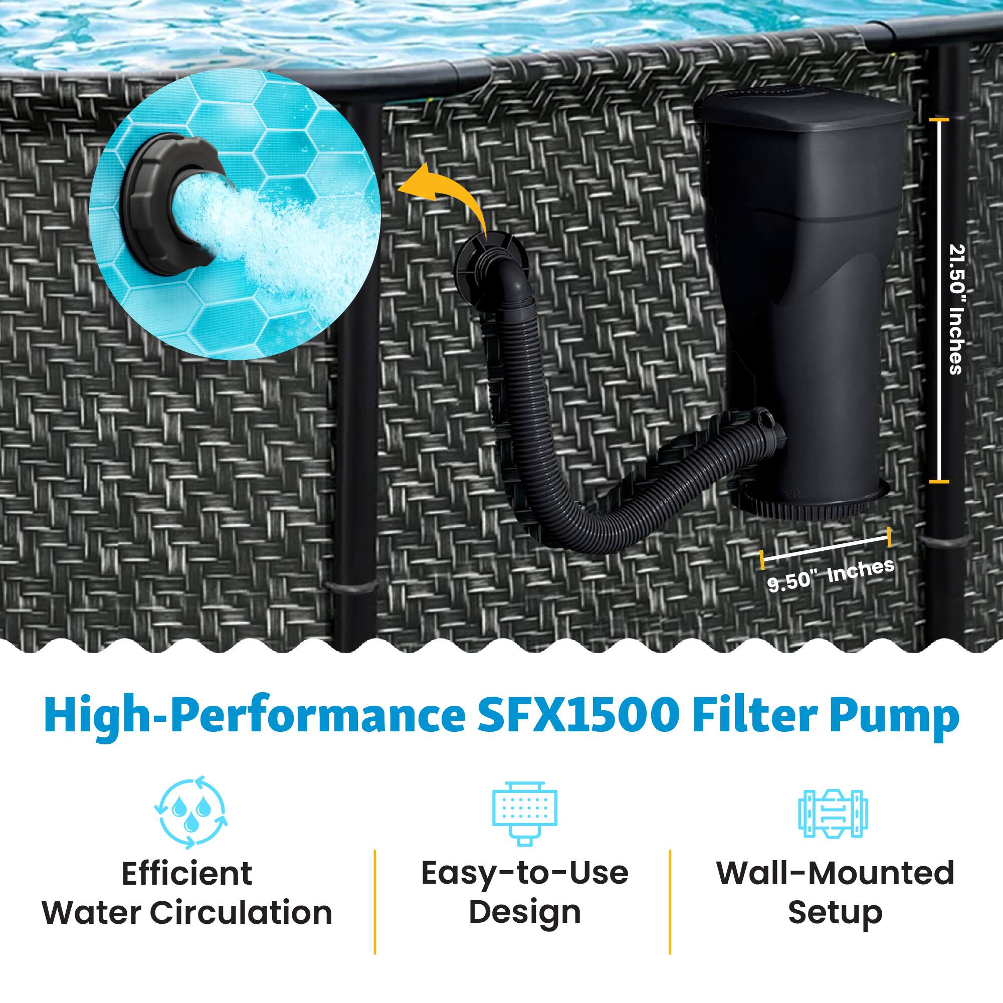 21.50" Inches 9.50 Inches High-Performance SFX1500 Filter Pump Efficient Easy-to-Use Wall-Mounted Water Circulation Design Setup