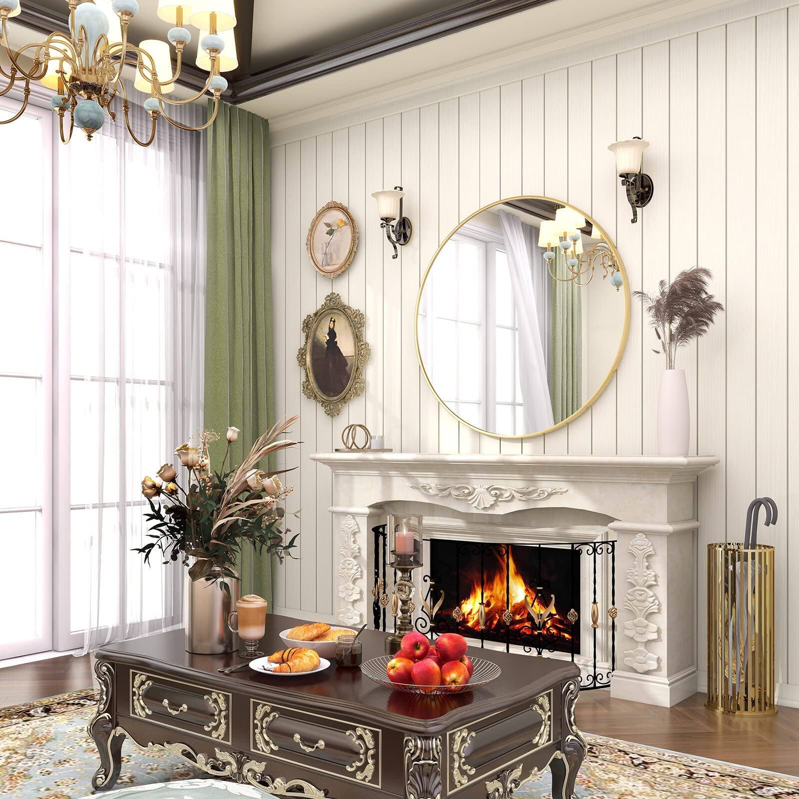 Angle. HOMLUX - Round Wall Mirror Gold Aluminum Alloy Frame Circle Wall Mounted for Bathroom Vanity Entryway Bedroom.