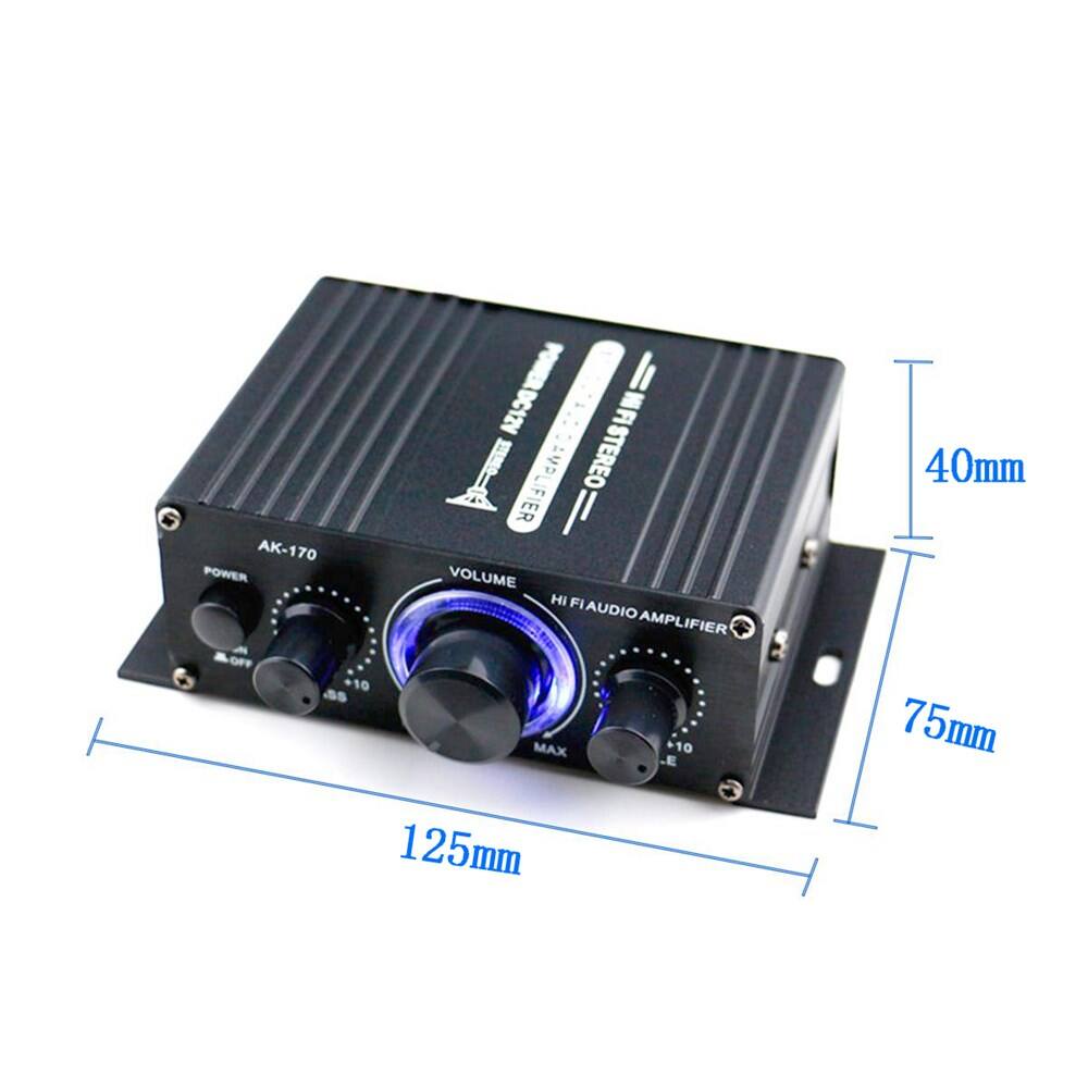 AK-170  
POWER OFF  
10 as DC12V  
WA AMPLIFIER  
STEREO  
VOLUME  
Hi FI AUDIO AMPLIFIER  
MAX +10  
E  
40mm  
75mm  
125mm