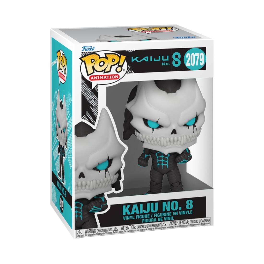 Sure, here is the corrected and grouped text from the image:

---

**Funko POP! ANIMATION**

**KAIJU S 2079**

**KAIJU NO. 8**

**VINYL FIGURE / FIGURINE EN VINYLE / FIGURA DE VINIL**

**WARNING: CHOKING HAZARD - Small parts. Not for children under 3 years.**

**ADVERTENCIA: PELIGRO DE ASFIXIA - Pequeñas piezas. No es adecuado para menores de 3 años.**

**ATTENTION: DANGER D'ETOUFFEMENT - Petites pièces. Ne convient pas aux enfants de moins de 3 ans.**

---

This text is organized to reflect the information on the packaging.