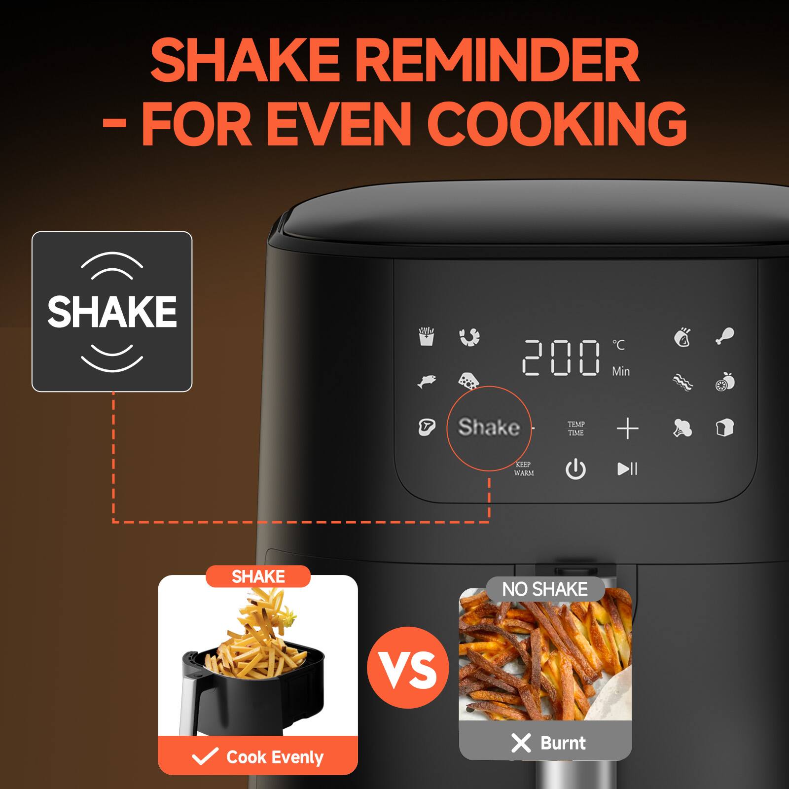 SHAKE REMINDER - FOR EVEN COOKING

SHAKE

200°C Min

Shake

KEEP WARM

SHAKE
Cook Evenly

NO SHAKE
Burnt