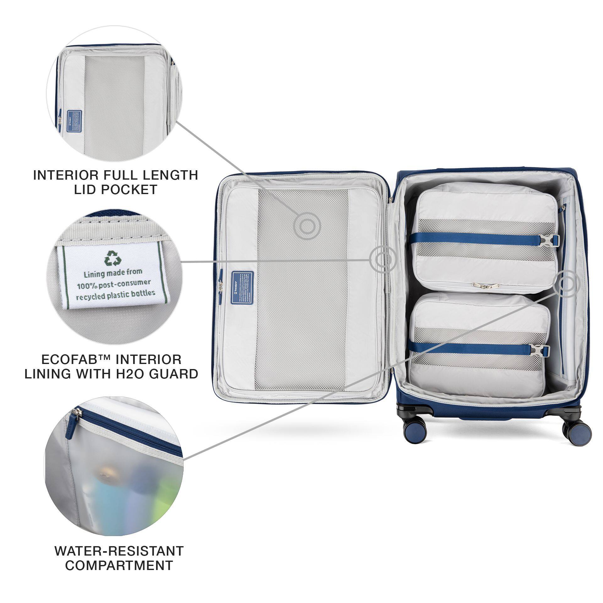 INTERIOR FULL LENGTH LID POCKET

Lining made from 100% post-consumer recycled plastic bottles

ECOFAB™ INTERIOR LINING WITH H2O GUARD

WATER-RESISTANT COMPARTMENT