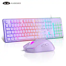 MageGee - RGB Wired Gaming Keyboard and Mouse Combo, Backlit Keyboard with Clear Shell, Half-Pudding PBT Keycap, Full Size, LED - Purple