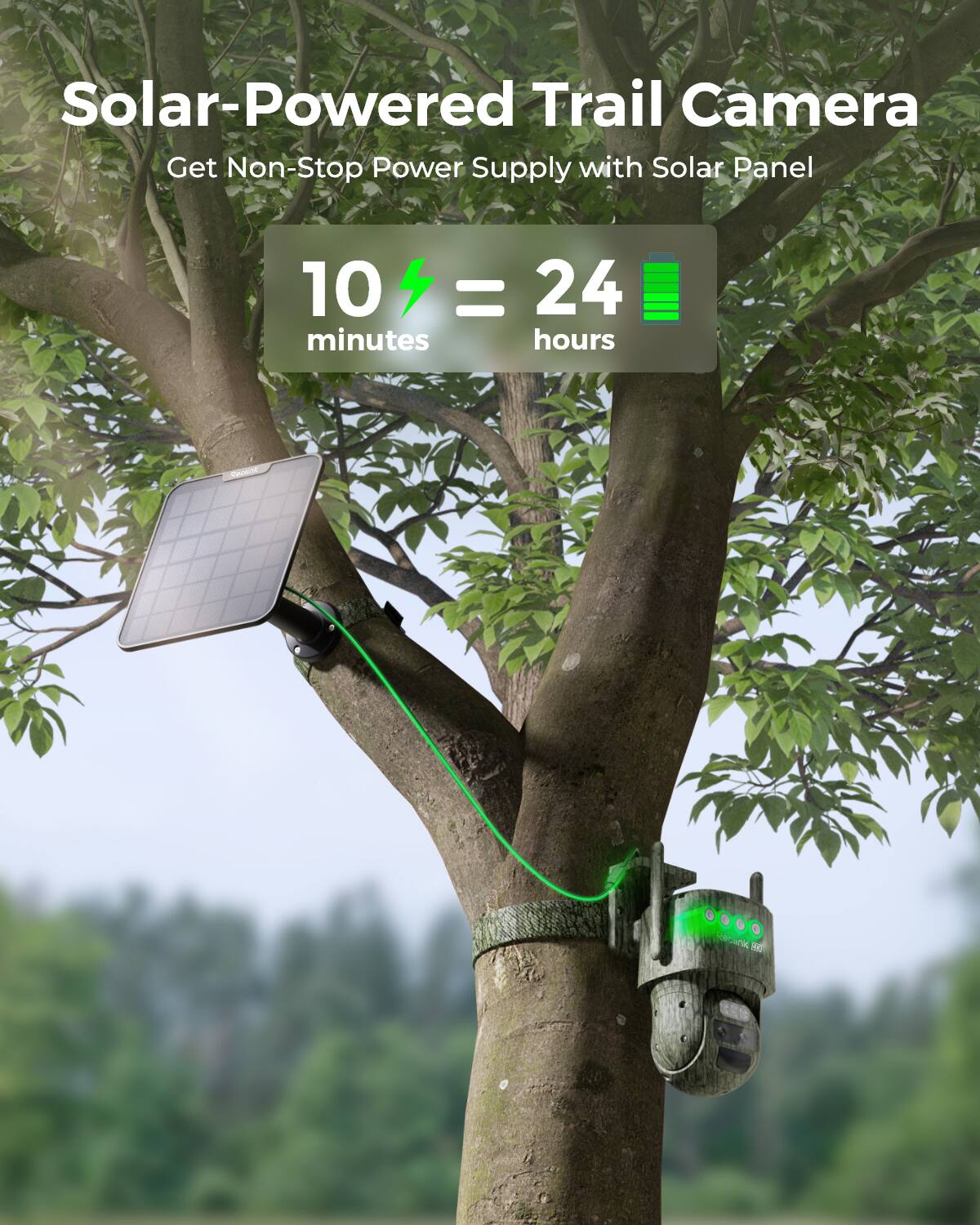 Solar-Powered Trail Camera  
Get Non-Stop Power Supply with Solar Panel  
10 minutes = 24 hours