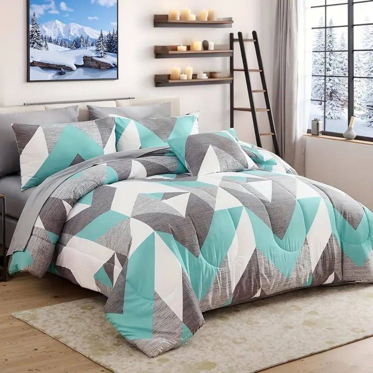 Angle. Shatex - Gray queen 3 pieces comforter set with blue geometric patterns, a modern and refreshing style - blue.