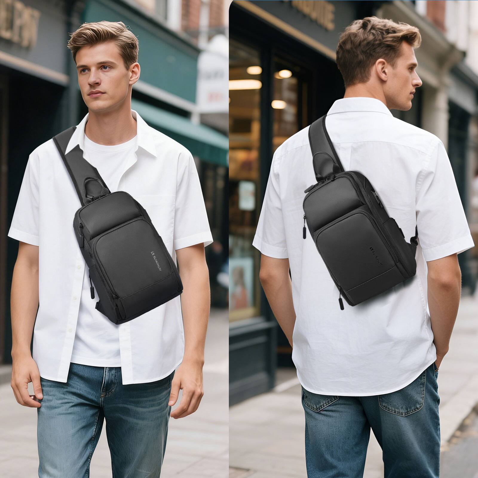 Alt View 5. Unique Bargains - Men's Sling Bag Convertible Anti Theft Sling Backpack 11" One Shoulder Crossbody Backpack with USB Charging Port - Black.