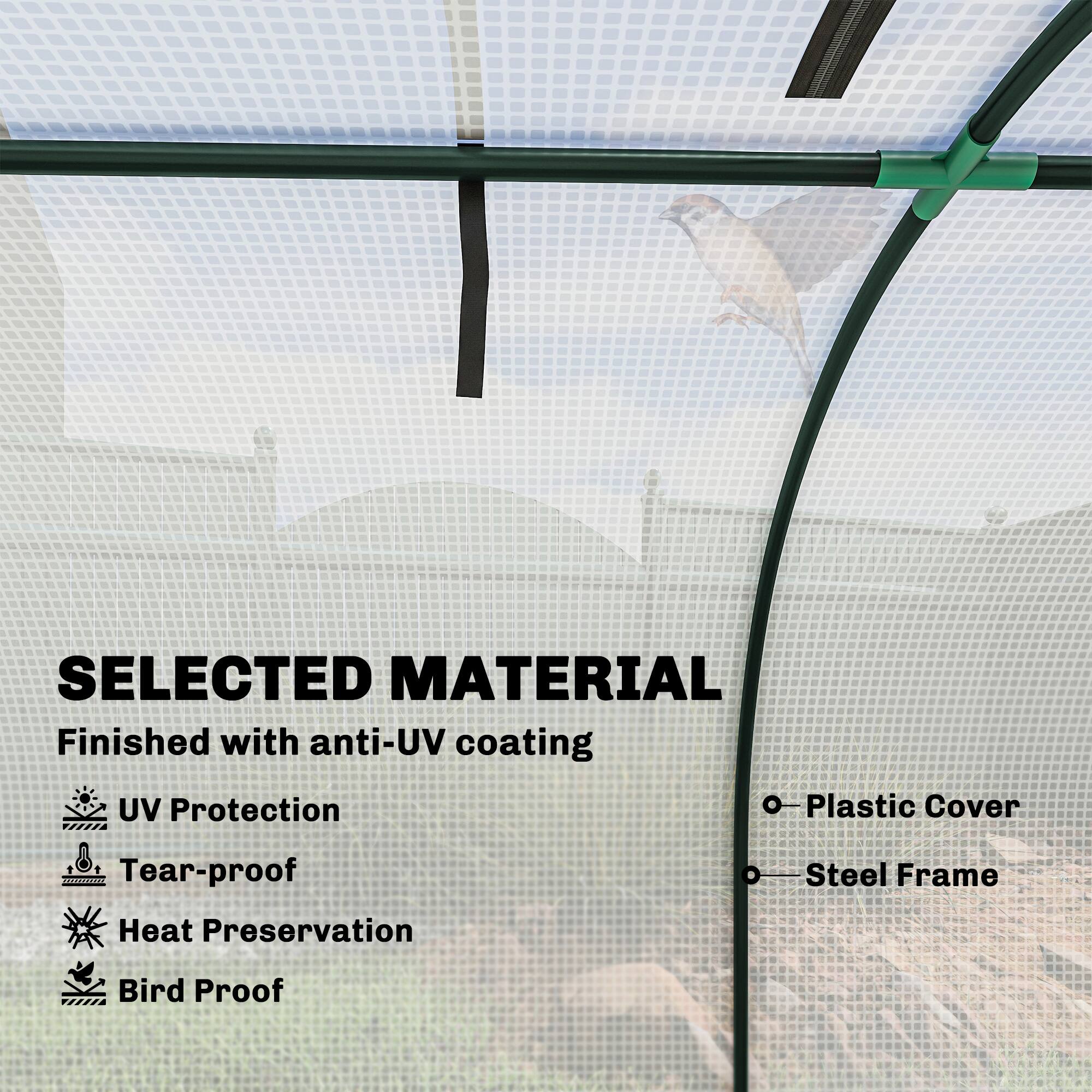 SELECTED MATERIAL  
Finished with anti-UV coating  
- UV Protection  
- Tear-proof  
- Heat Preservation  
- Bird Proof  

- Plastic Cover  
- Steel Frame