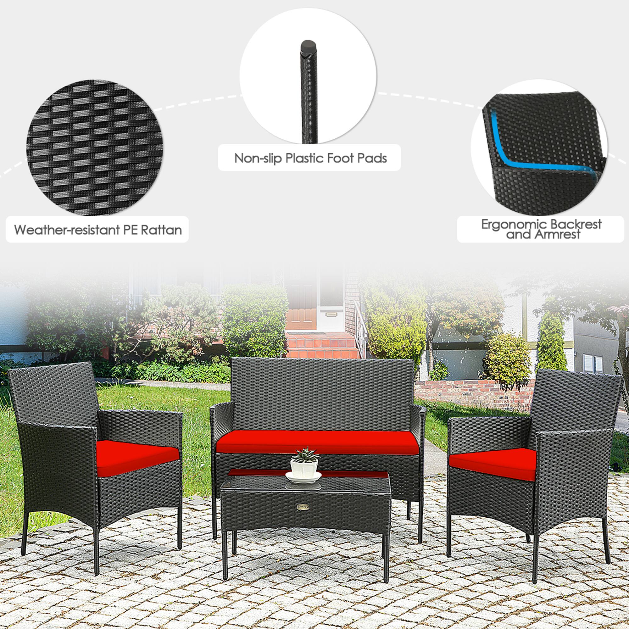 - Weather-resistant PE Rattan
- Non-slip Plastic Foot Pads
- Ergonomic Backrest and Armrest