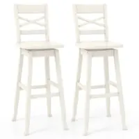 Costway 2 PCS 30" Bar Height Stool Rubber Wood Swivel Bar Stool with Inclined Backrest Cream - White - Front_Zoom