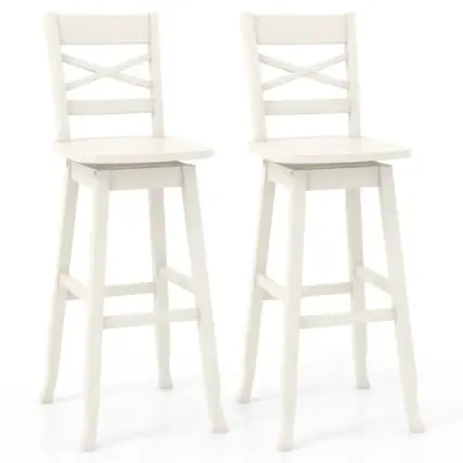Front. Costway - 2 PCS 30" Bar Height Stool Rubber Wood Swivel Bar Stool with Inclined Backrest Cream - White.