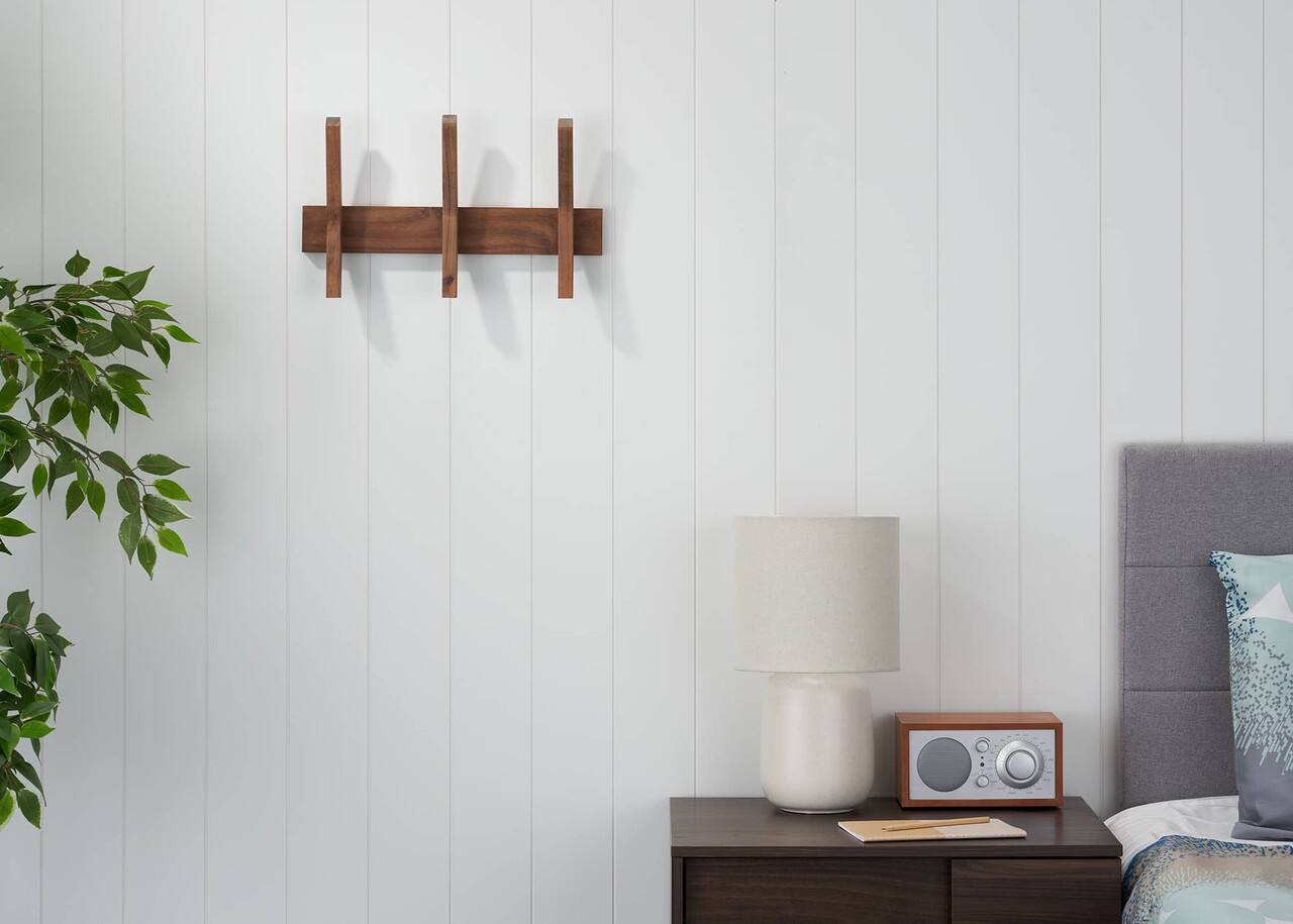 Angle. TRINITY - DRAKESTONE Mid-Century Coat Rack w/ 3 Wooden Hooks Walnut - Walnut.