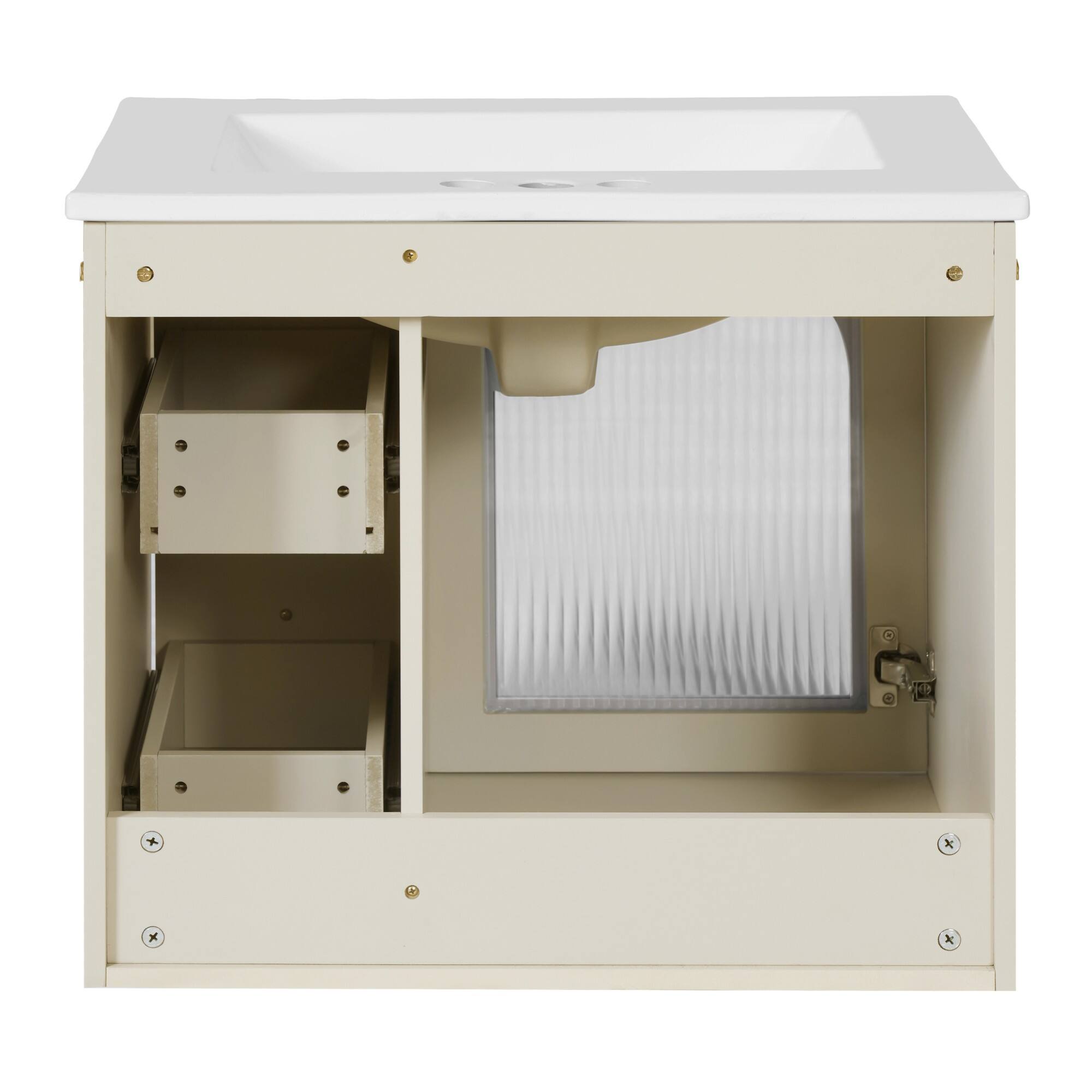 Alt View 3. Boyel Living - 24 Inch Wall Mounted Bathroom Vanity with Ceramic Sink Two Drawers One Door Beige - Off-white.
