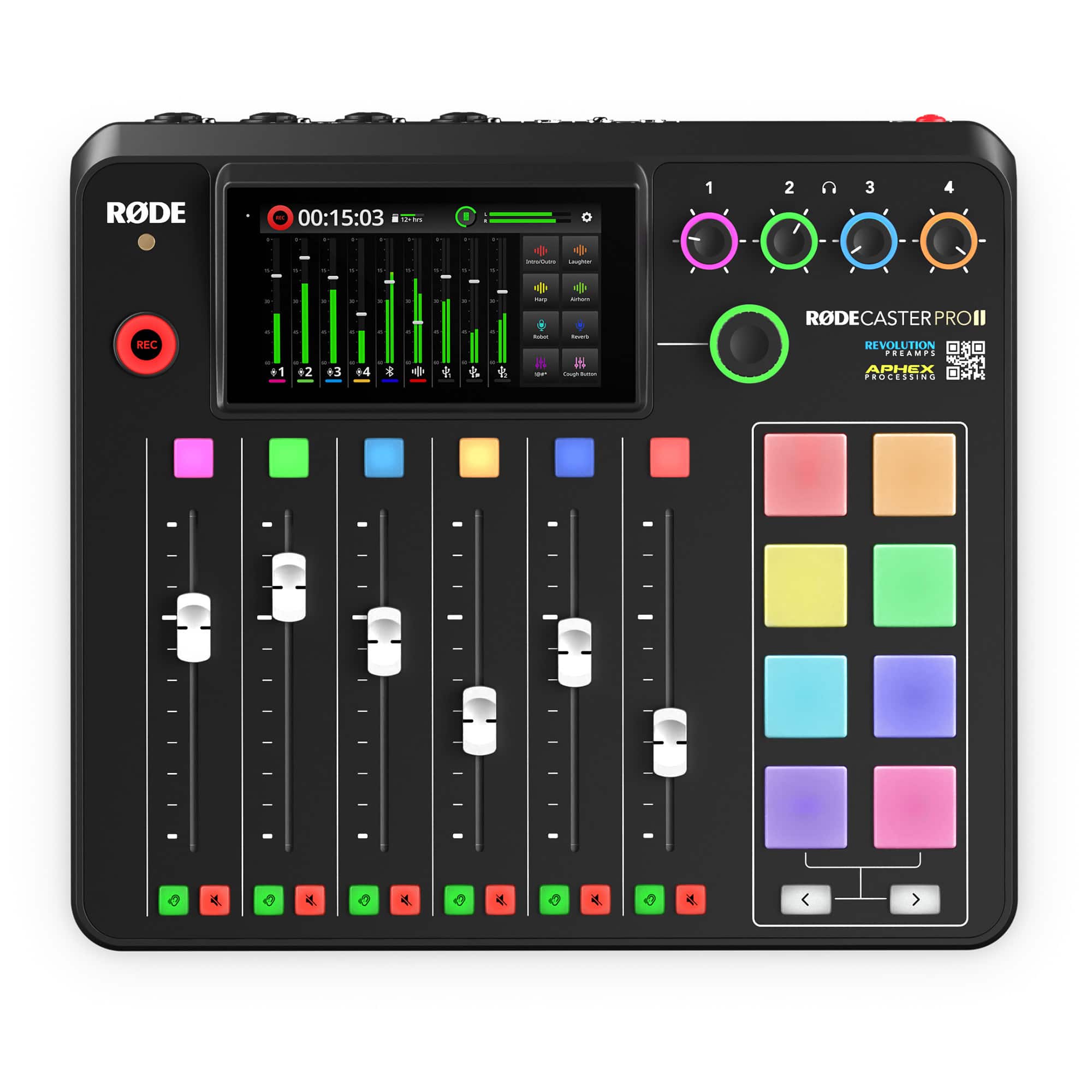 RODECASTER PRO II
REVOLUTION
APEX PROCESSING
RODE
00:15:03
1 2 3 4
REC +1 +2 +3 +4
1 +1 2 +2 3 +3 4 +4
PREAMPS
APHEX
PROCESSING
4 d A 4