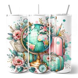 OrnamentallyYou - Pink and Teal Wanderlust Girl Floral Traveler 20oz Tumbler With Lid and Stainless Steel Straw - Multicolored