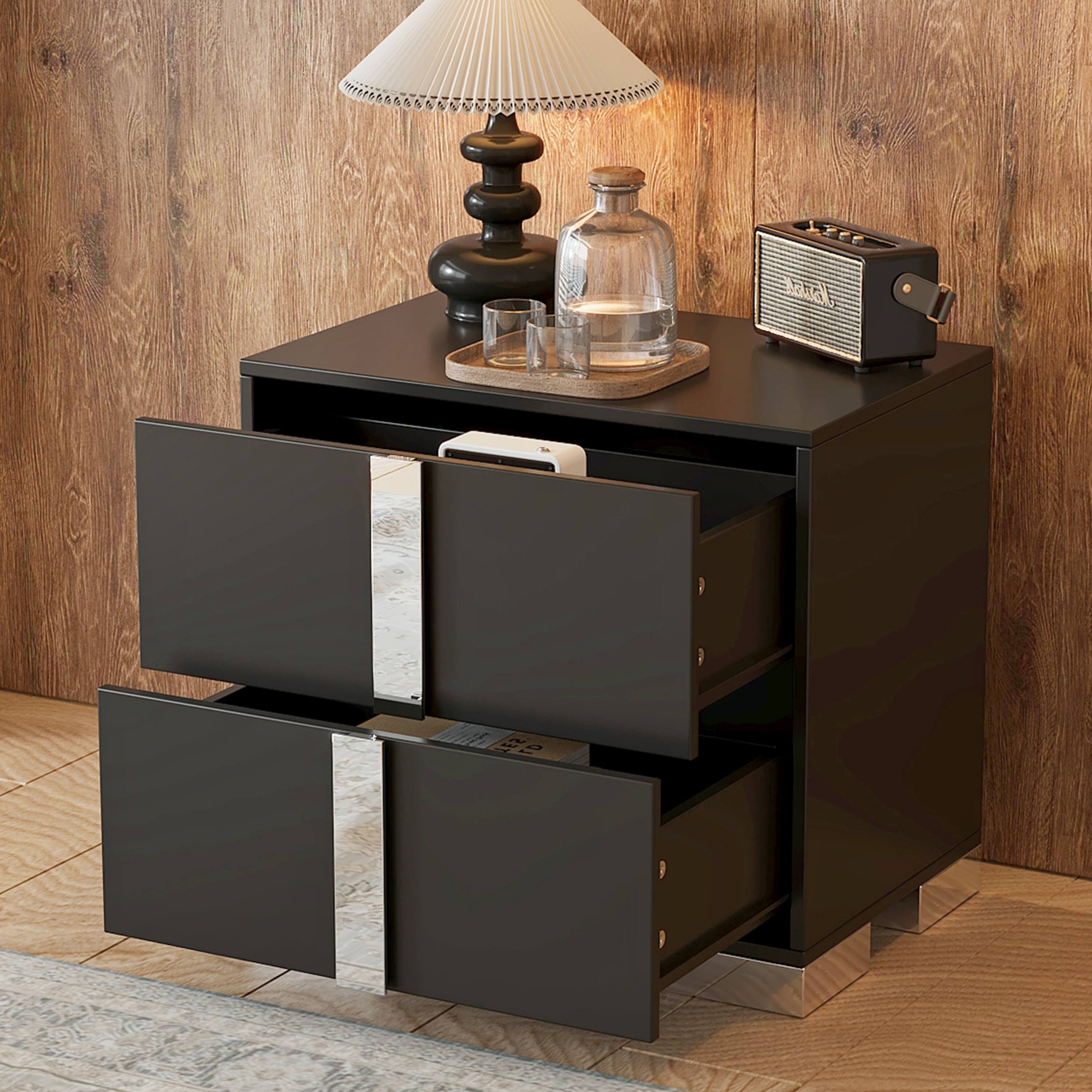 Angle. Bestier - Bestier Mirrored Nightstand with 2 Drawers, Modern Side Table with Storage for Bedroom, End Table for Living Room, Black - Black.