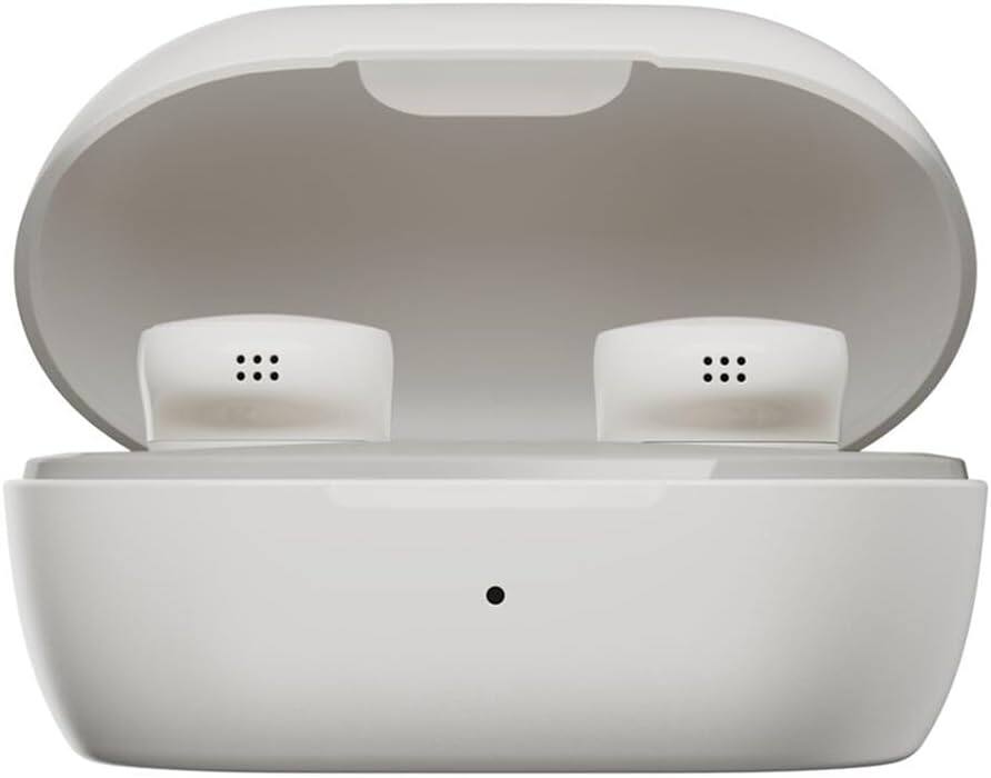 The image shows a pair of white wireless earbuds inside an open charging case.