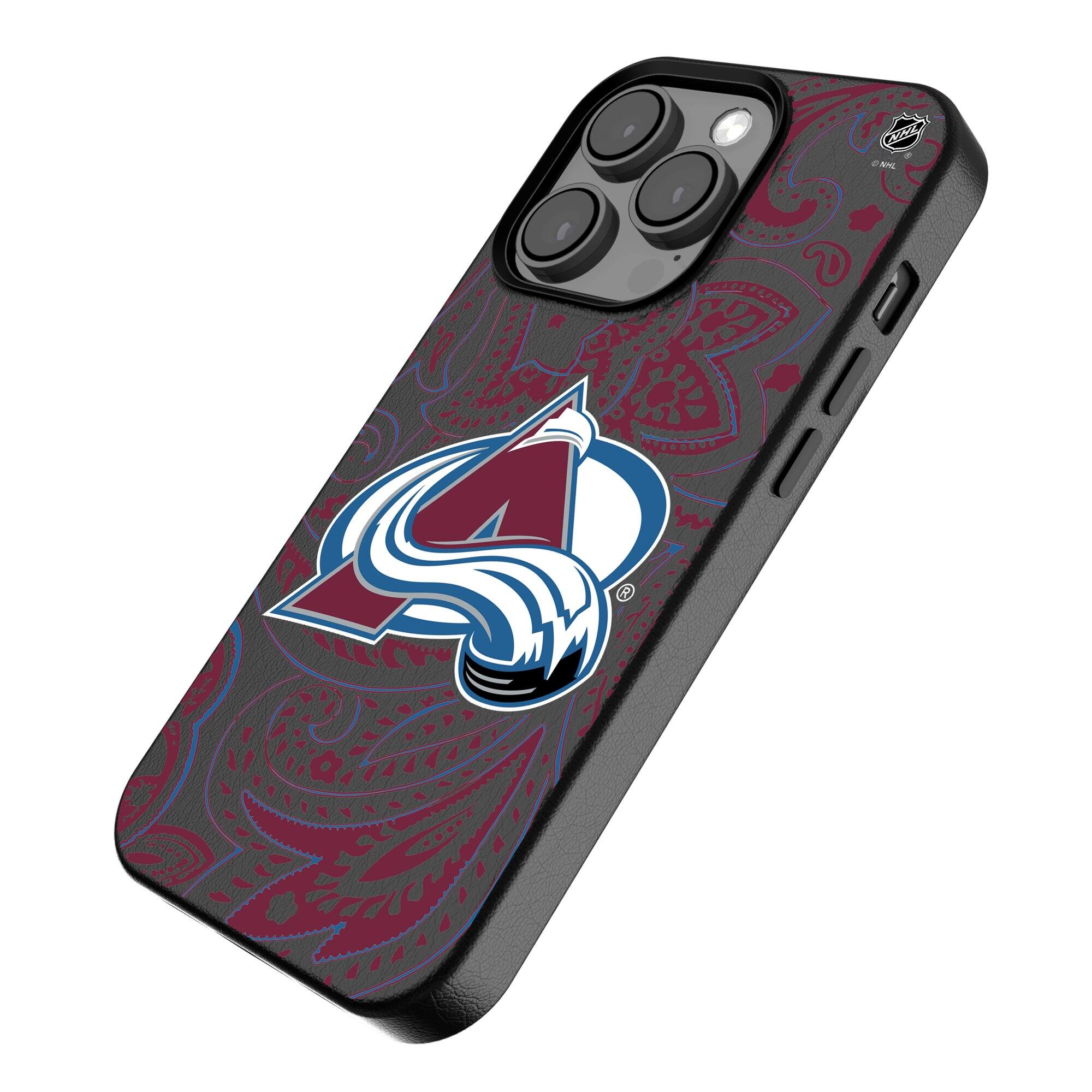 Alt View 1. Keyscaper - Black Colorado Avalanche Paisley iPhone Magnetic Bump Case - 15 Plus - Black.