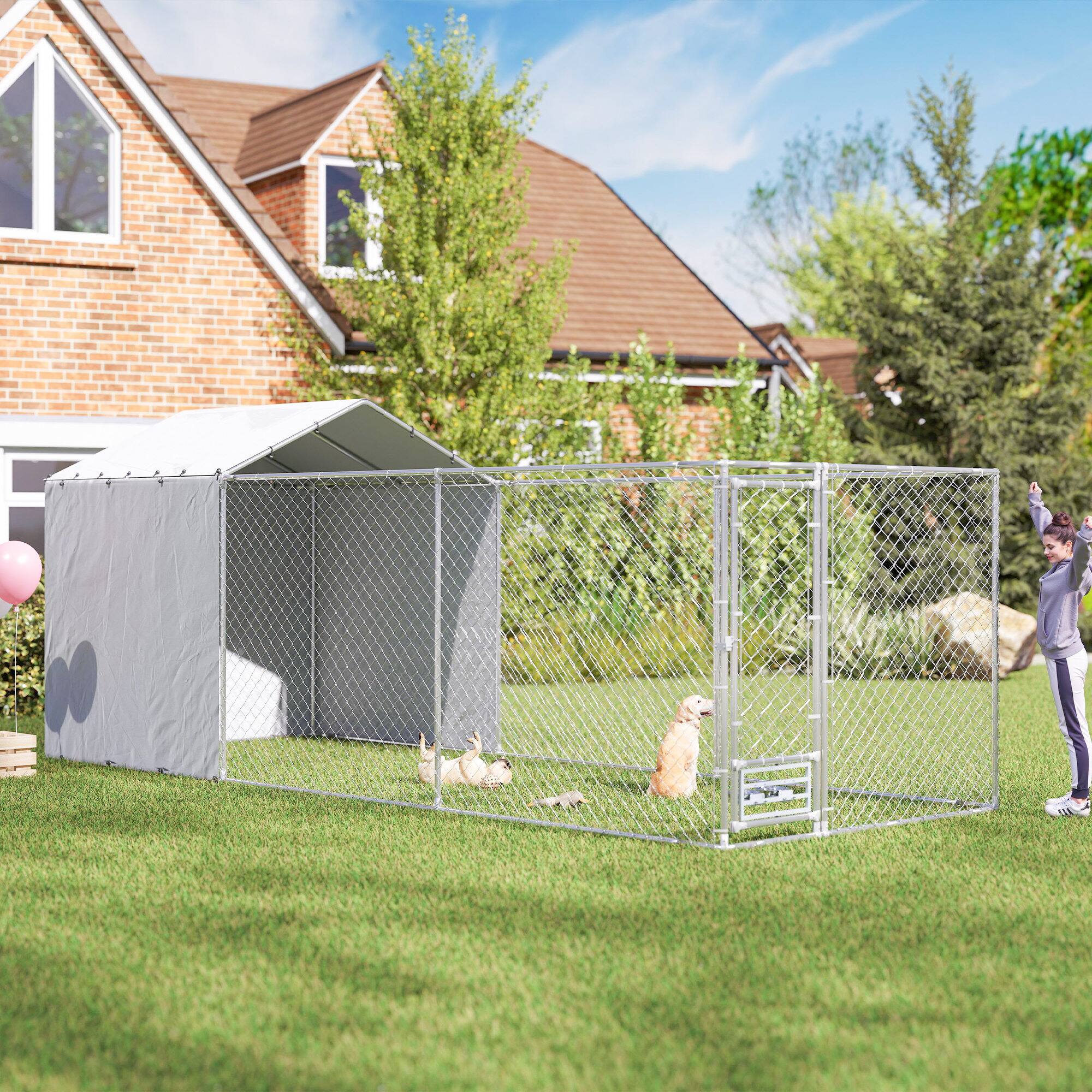 Angle. Pawhut - Heavy Duty Outdoor Dog Kennel, Chain Link Run, Rotating Bowls Door, Waterproof Cover, Medium, Large , 13.1'x7.5'x7.5'.