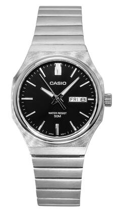 Casio - Analog Quartz MTP-E735D-1AV Mens Watch Stainless Steel Black Dial Day/Date Display 50M - Silver/Black