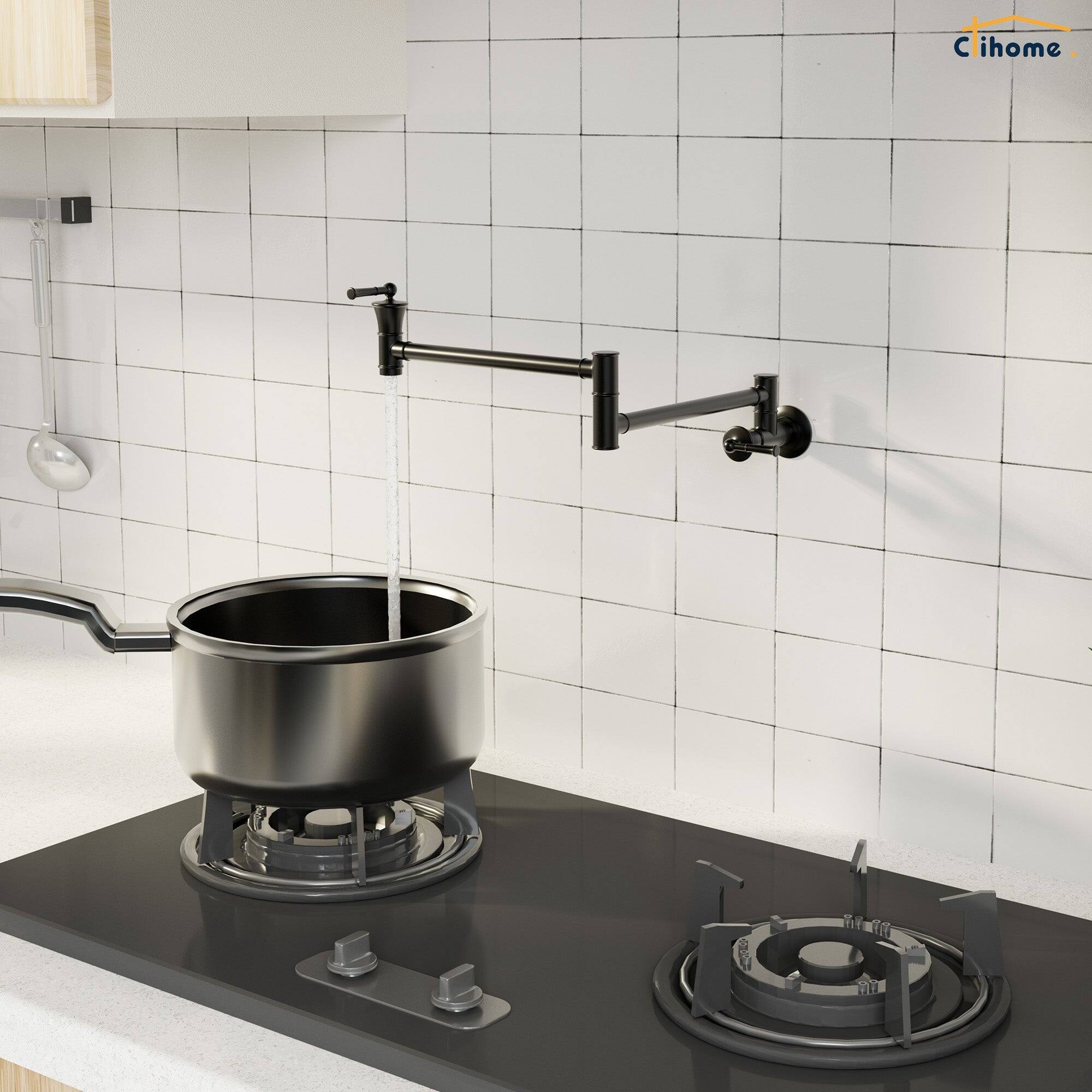 Alt View 3. Boyel Living - 1.8 GPM Solid Brass Wall Mounted Foldable Kitchen Pot Filler with Mounting Hardware and Double Handle in Matte Black - Matte Black.