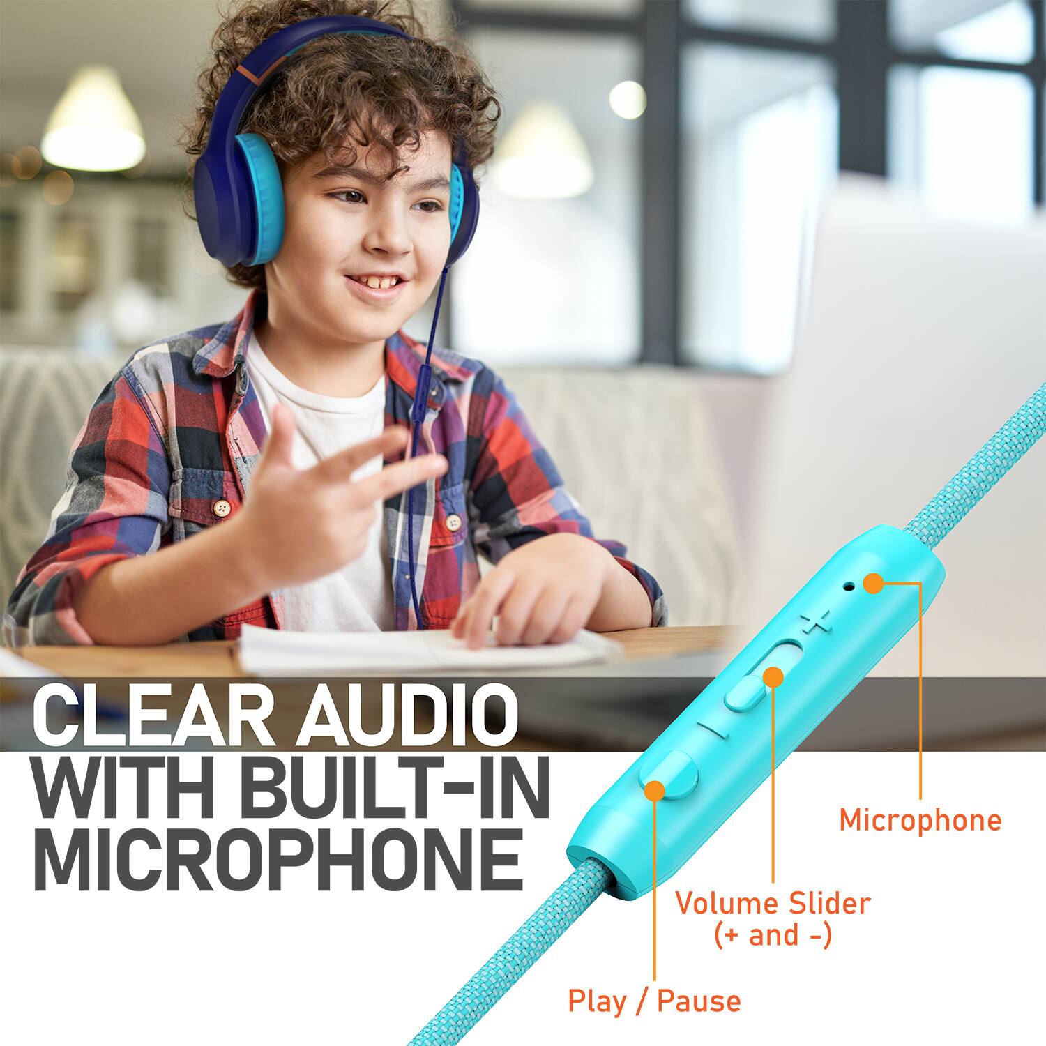 WITH CLEAR AUDIO WITH BUILT-IN MICROPHONE Volume Slider (+ and -) Play / Pause