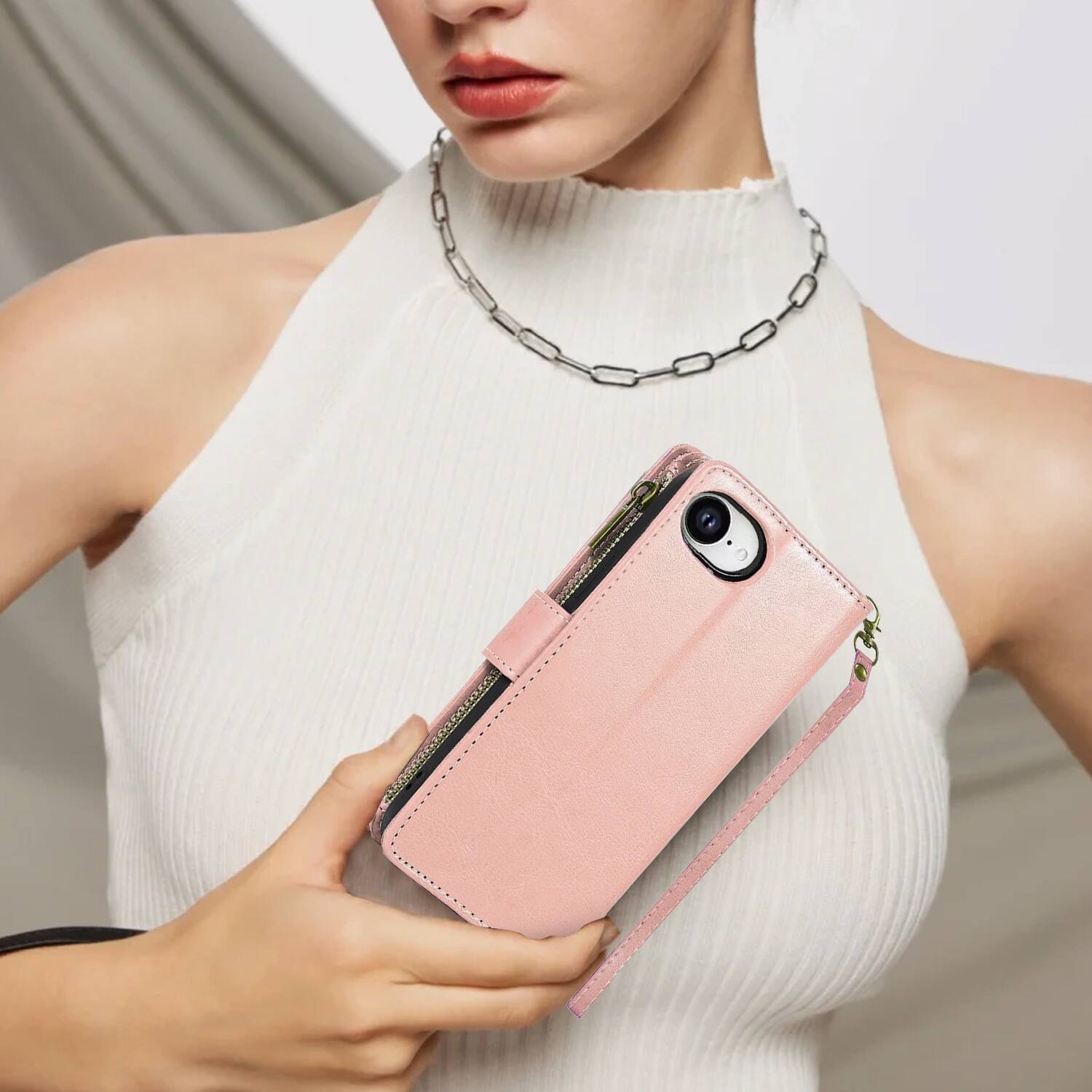 Alt View 7. Equipd - Phone Case for Apple iPhone 17e / iPhone 16e, Luxury Wallet Card ID Zipper Money Holder Cover (Rose Gold) - Rose Gold.