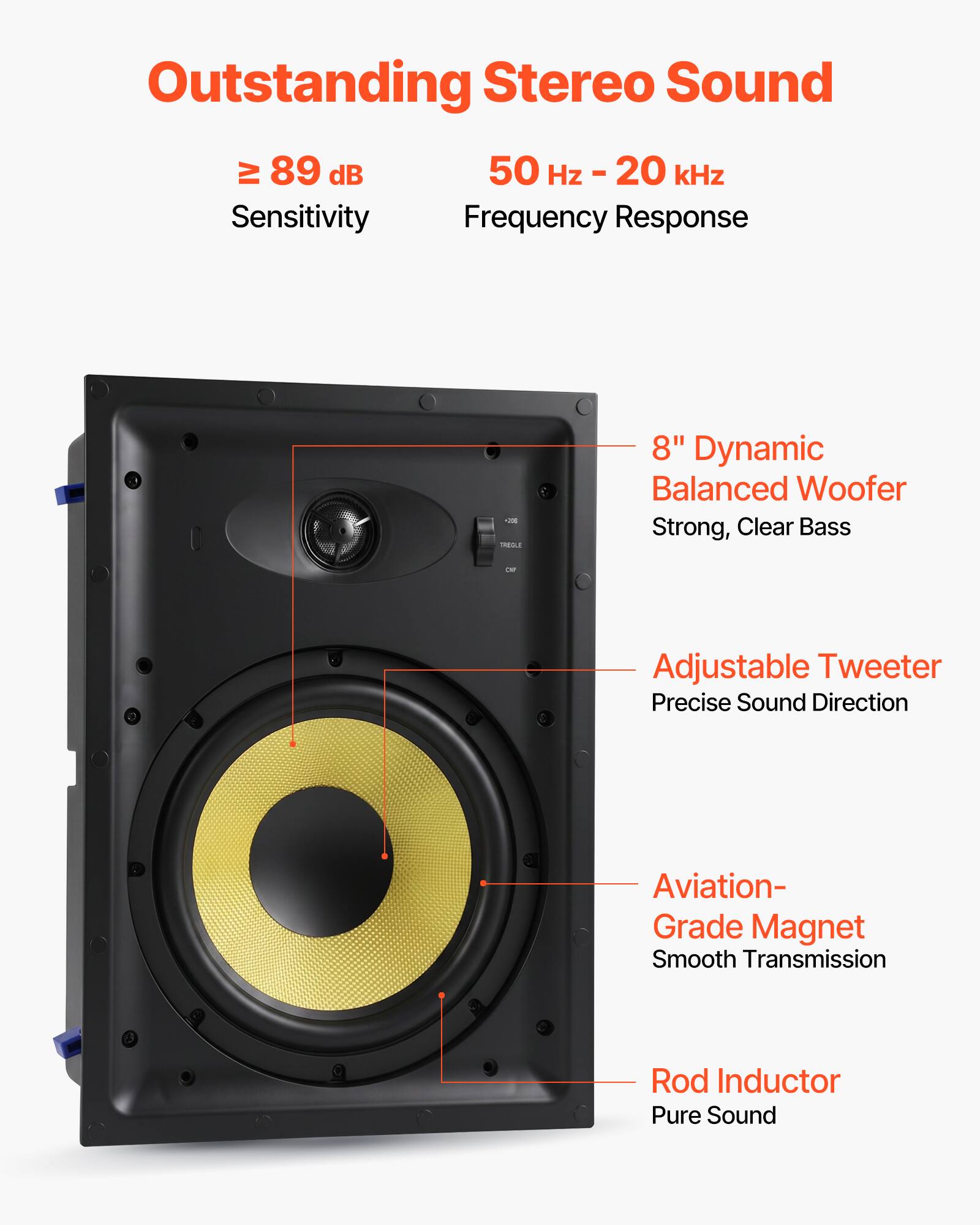 Outstanding Stereo Sound

- ≥ 89 dB Sensitivity
- 50 Hz - 20 kHz Frequency Response

- 8" Dynamic Balanced Woofer
- Strong, Clear Bass

- Adjustable Tweeter
- Precise Sound Direction

- Aviation-Grade Magnet
- Smooth Transmission

- Rod Inductor
- Pure Sound