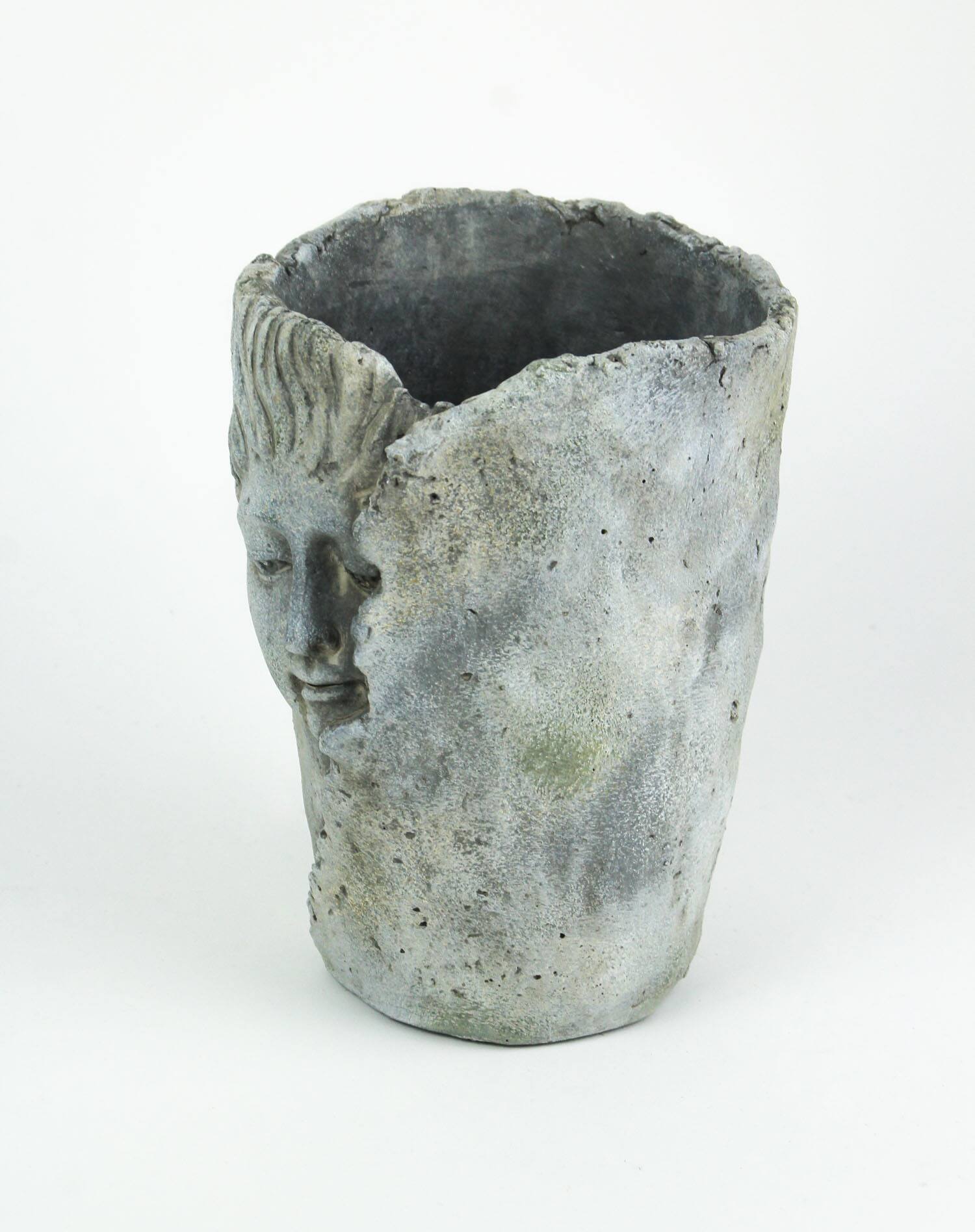 Alt View 1. Mayrich Company - Weathered Finish Concrete Leaf Wrap Face Planter / Vase 8 Inches High - Grey.