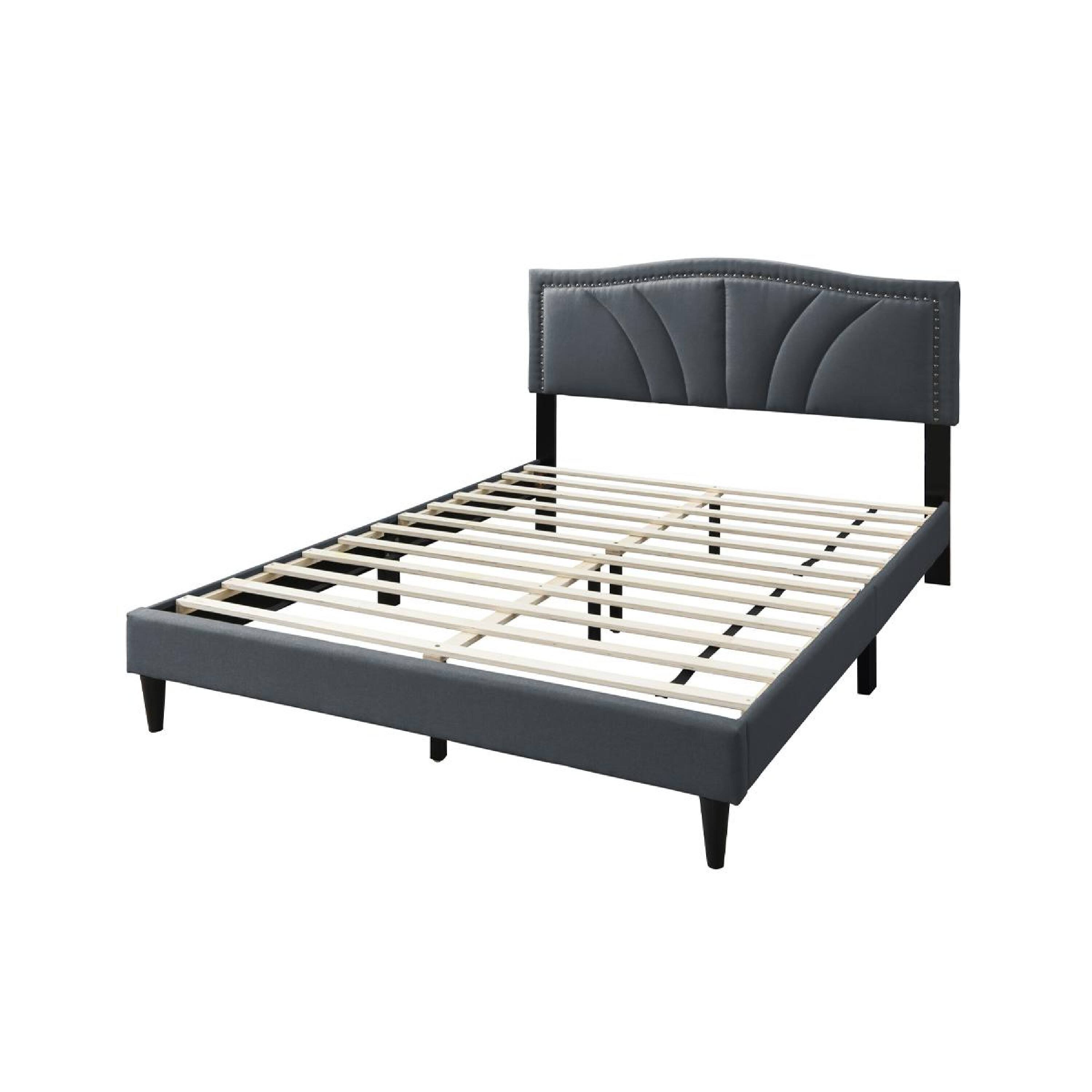 Alt View 1. Manhattan Lane - Reo Queen Size Bed, Charcoal Gray Burlap Upholstered Curved Headboard - Charcoal Gray, Black.